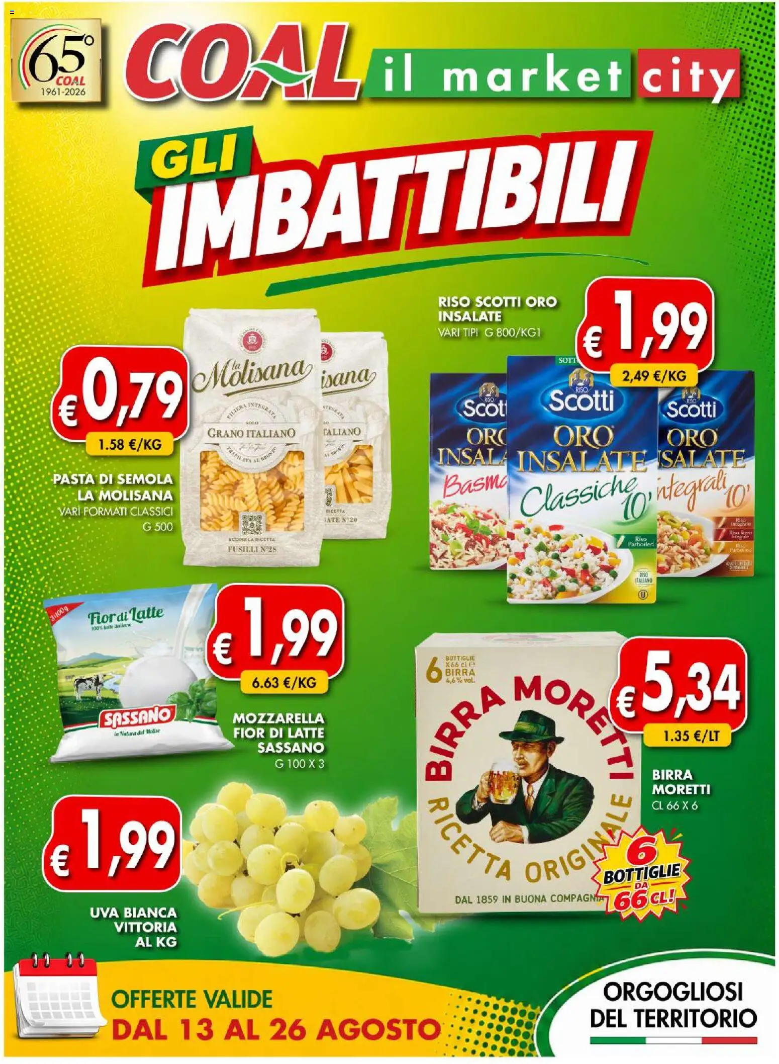 Volantino Coal del 13/08/2026 | Pagina: 1 | Prodotti: Mozzarella, Latte, Birra Moretti, Uva
