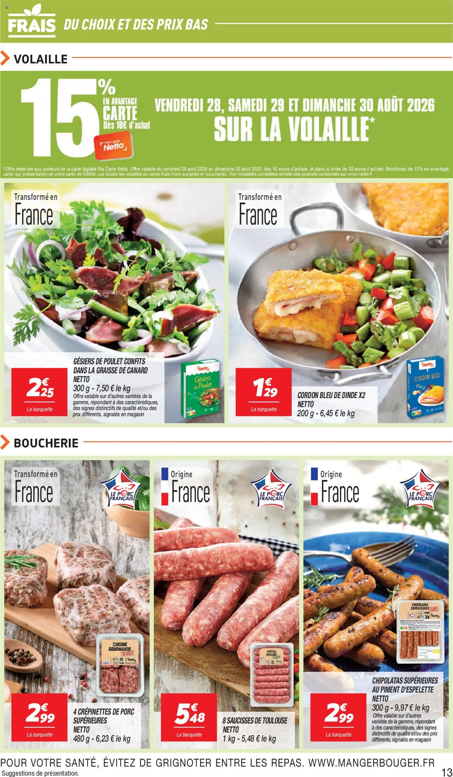 {H1} | Page: 13 | Produits: Canard, Poulet, Chipolatas, Cordon bleu