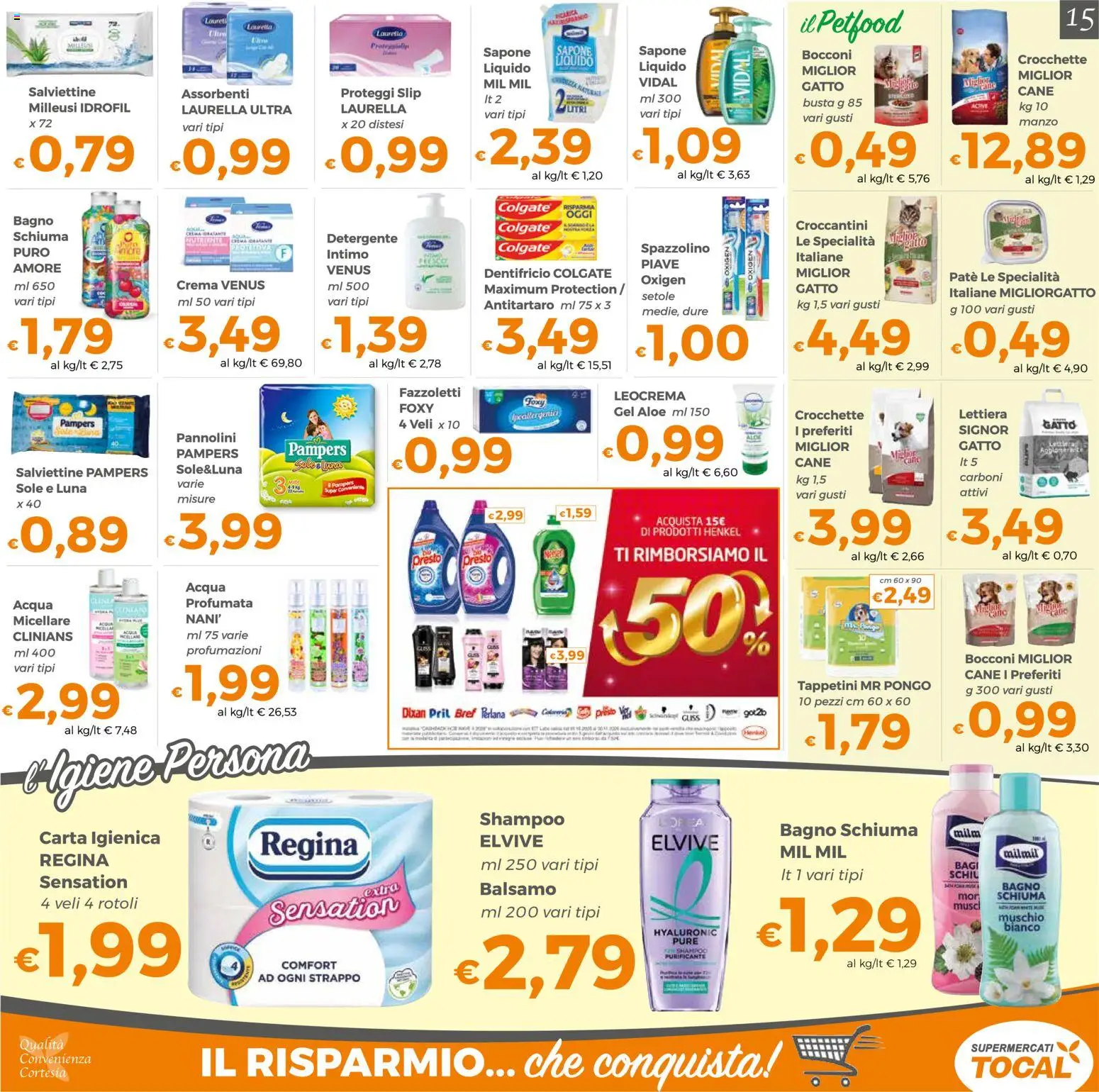 Volantino Tocal del 06/10/2026 | Pagina: 15 | Prodotti: Schiuma, Pannolini, Spazzolino, Manzo