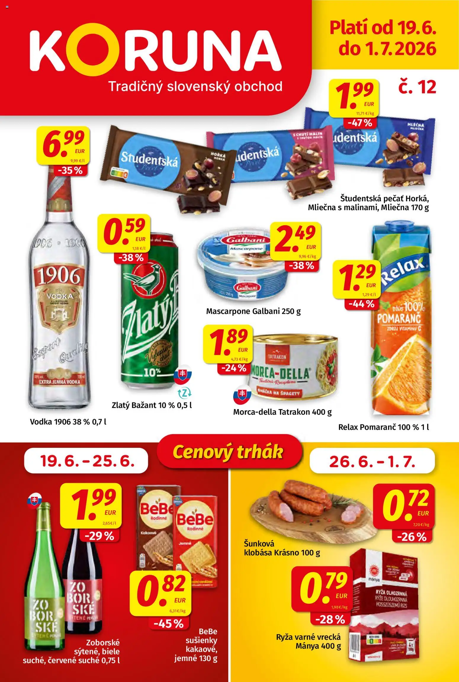 Nové Koruna akcie – leták je platný od 19.06.2026 | Strana: 1 | Produkty: Ryža, Klobása, Študentská pečať, Mascarpone