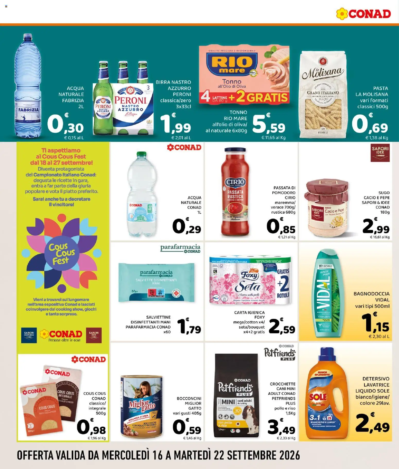 Volantino Conad del 16/09/2026 | Pagina: 4 | Prodotti: Birra, Riso, Acqua naturale, Piatto