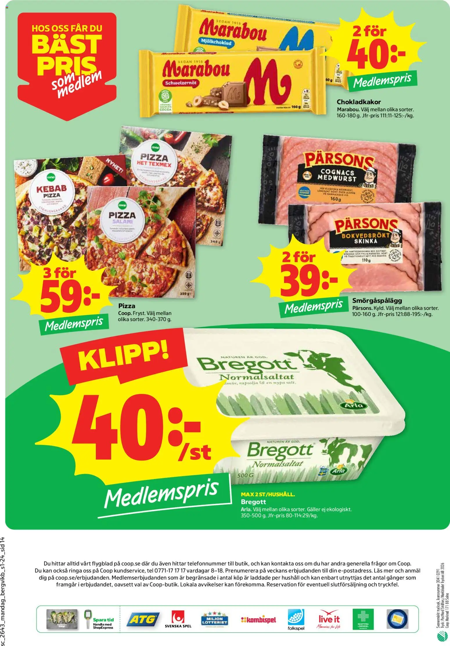 Stora Coop reklamblad aktuell från 19/10/2026 | Sida: 14 | Produkter: Bregott, Smörgåspålägg, Salami, Pizza