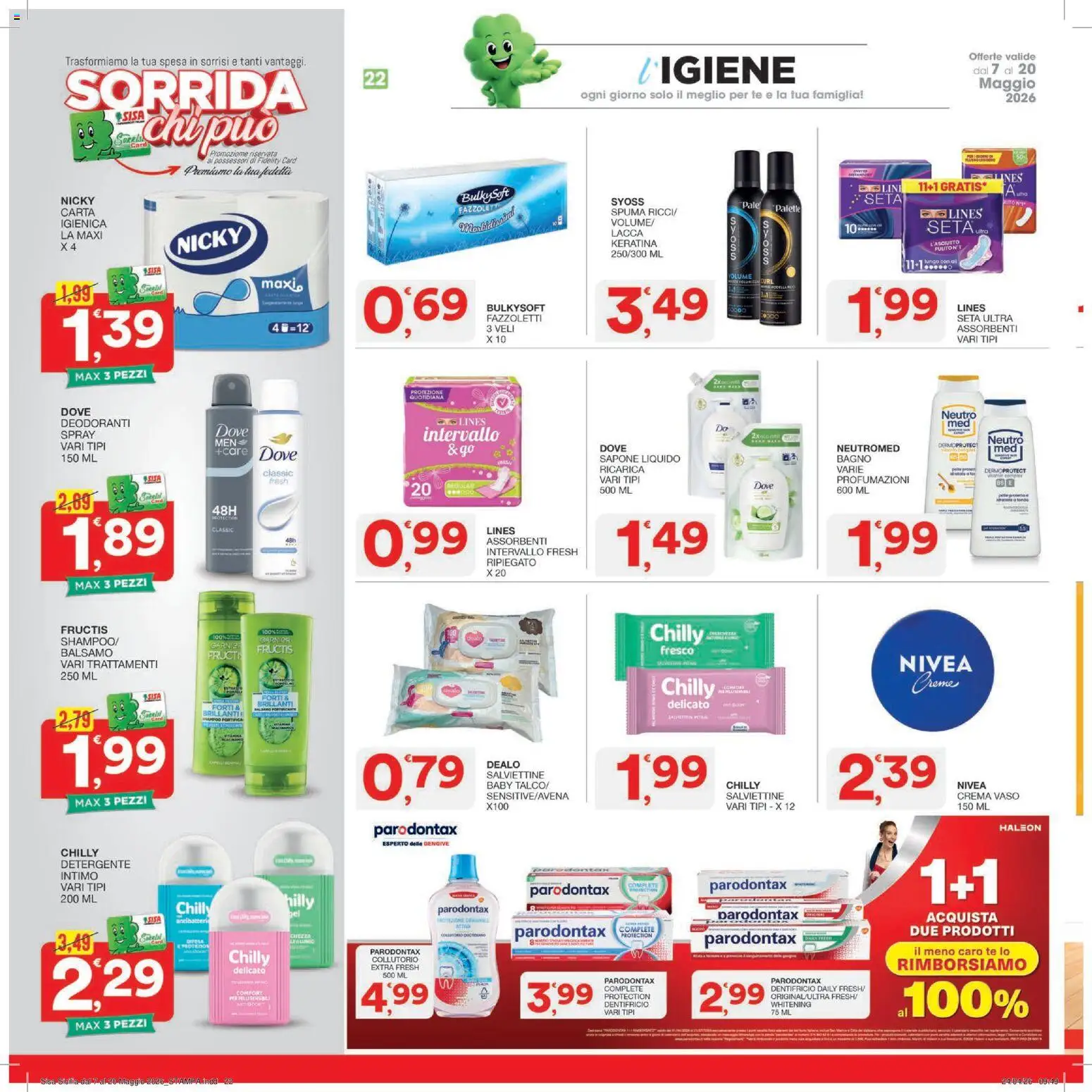Volantino SISA del 07.05.2026 | Pagina: 22 | Prodotti: Lacca, Dentifricio, Collutorio, Detergente