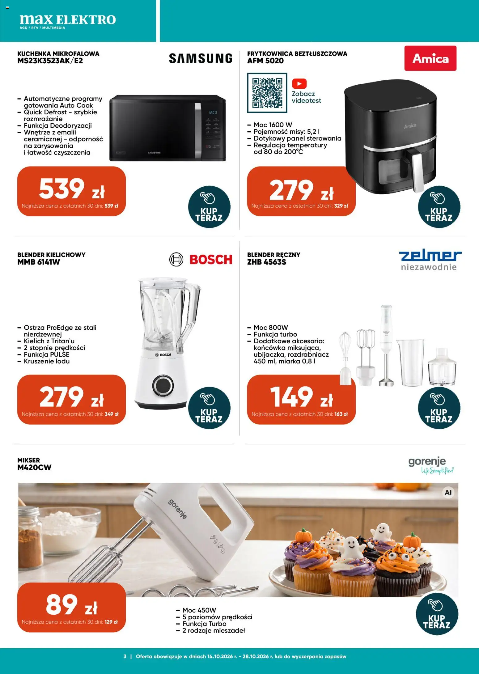 Max elektro gazetka od 14.10.2026 | Strona: 3 | Produkty: Kuchenka mikrofalowa, Kuchenka, Blender, Blender kielichowy