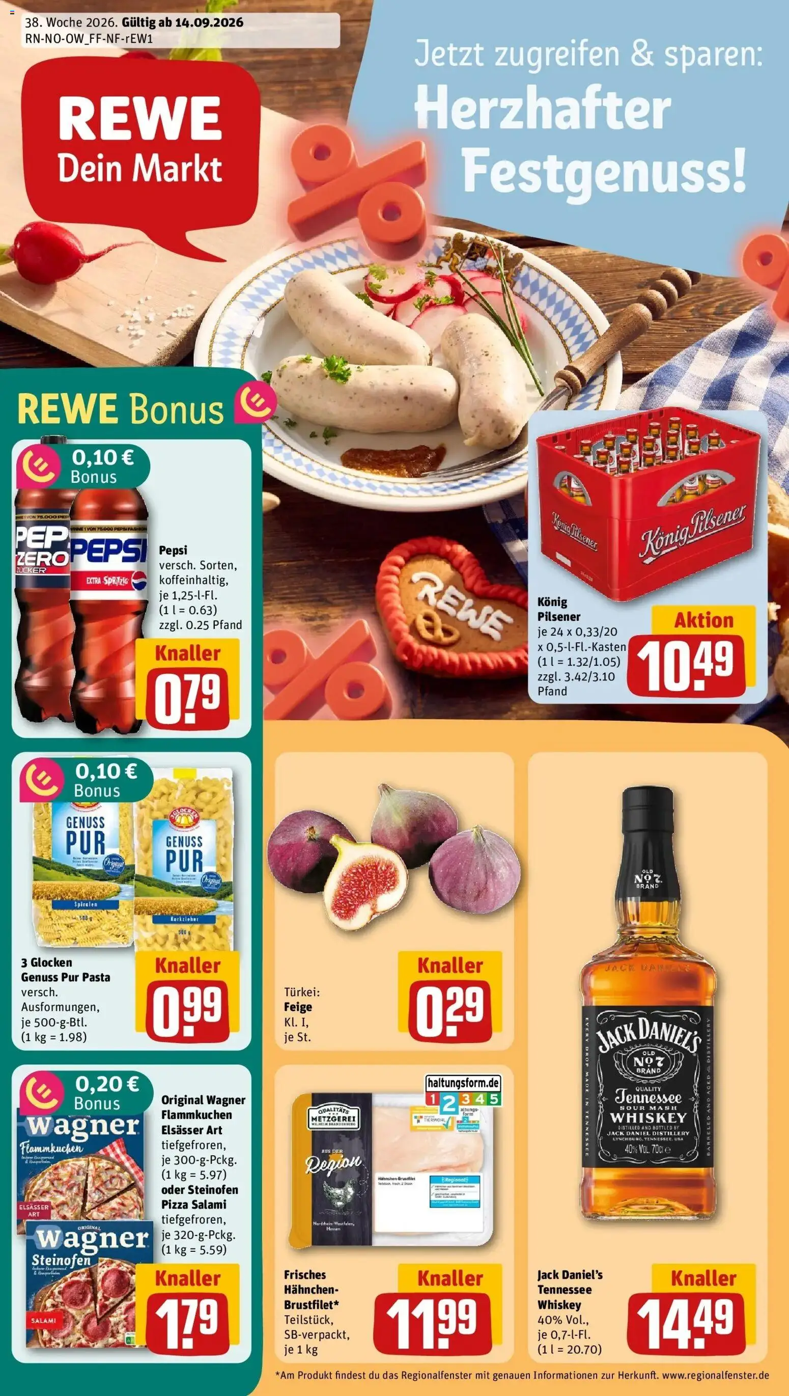 REWE Prospekt ab 14.09.2026 zum Blättern » Angebote | Seite: 1 | Produkte: Hahnchen, Konig pilsener, Pasta, Whiskey