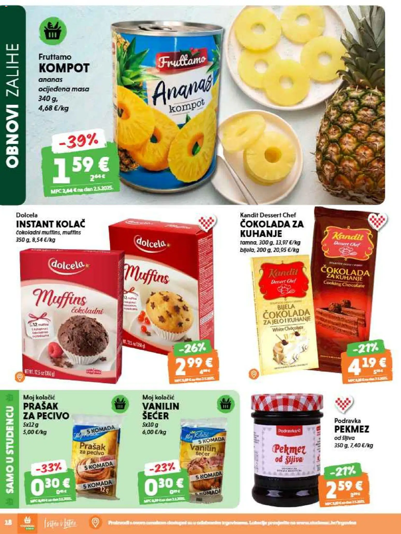 Studenac katalog | vrijedi od 15.07.2026 | Stranica: 18 | Proizvodi: Prašak za pecivo, Čokolada, Šećer, Vanilin šećer