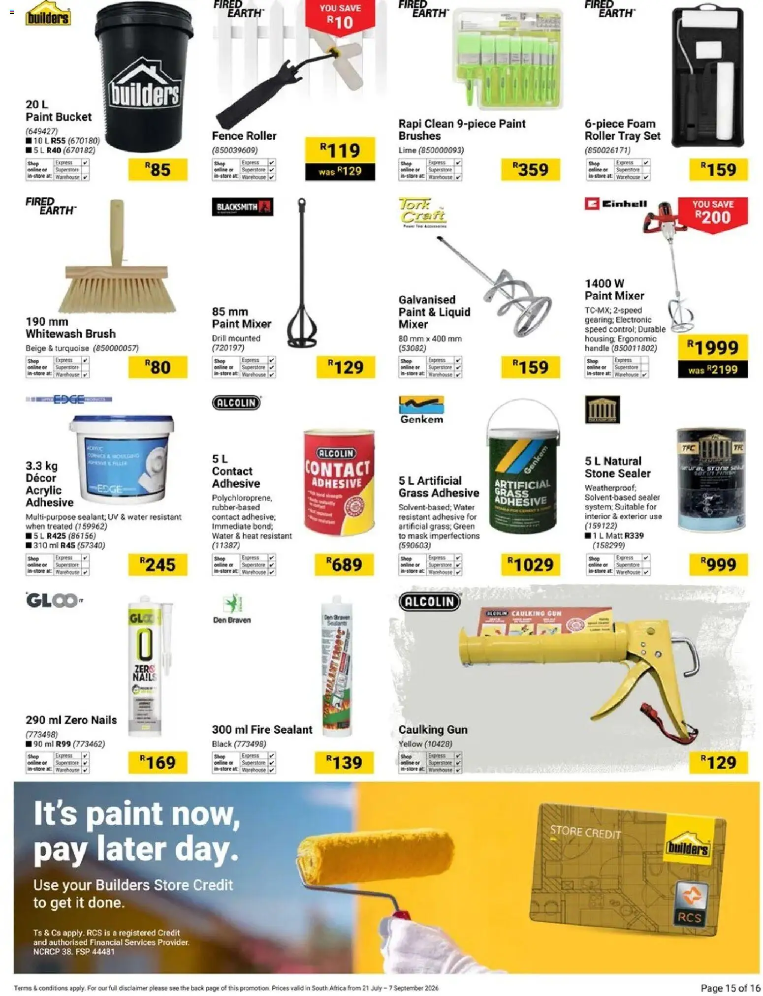 New Builders catalogue – valid from 21/07/2026 | Page: 15 | Products: Drill, Adhesive, Mask, Water