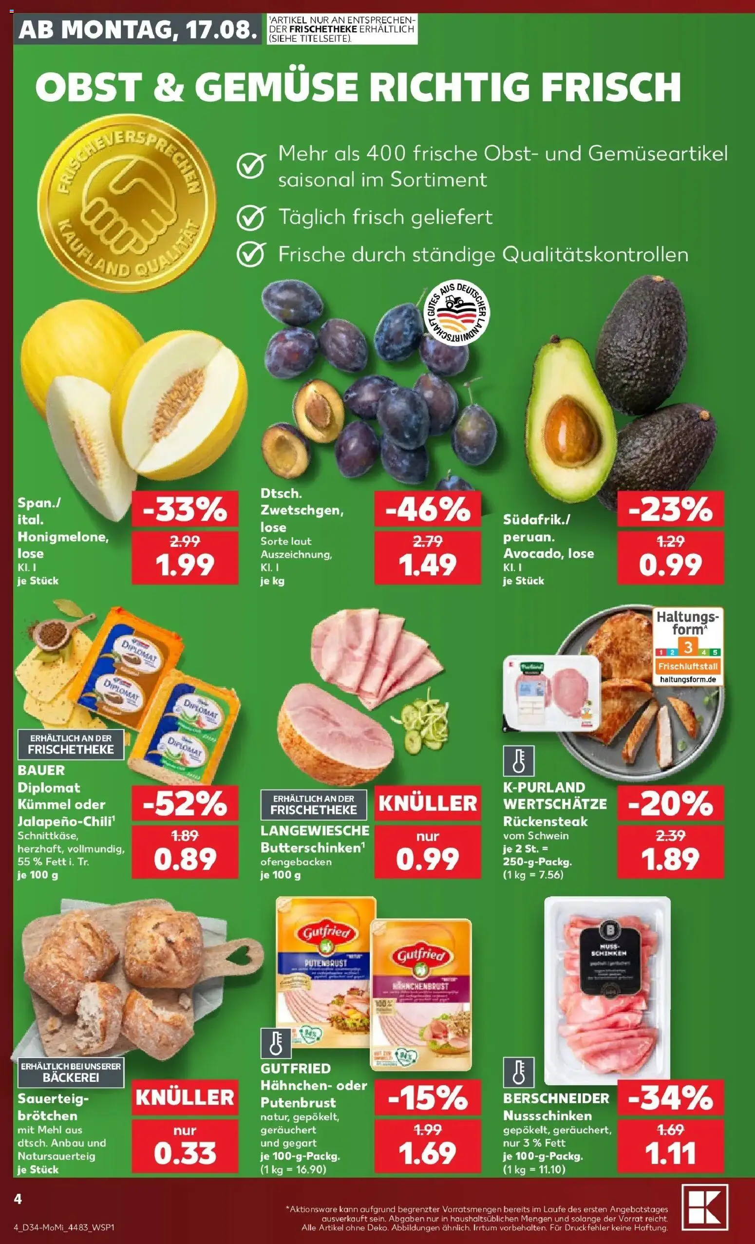Prospekt Kaufland ab 17.08.2026 » Angebote Online zum Blättern | Seite: 4 | Produkte: Putenbrust, Bäckerei, Mehl, Gemüse