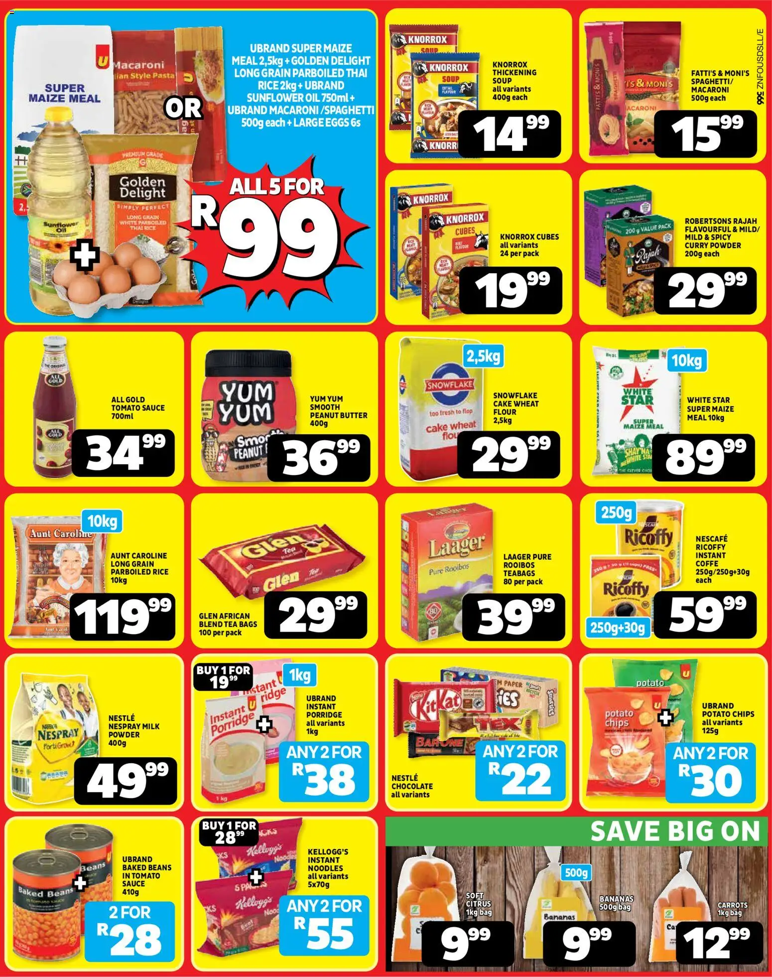 New Usave catalogue – valid from 22/06/2026 | Page: 2 | Products: Maize meal, Rice, Noodles, Tomato sauce