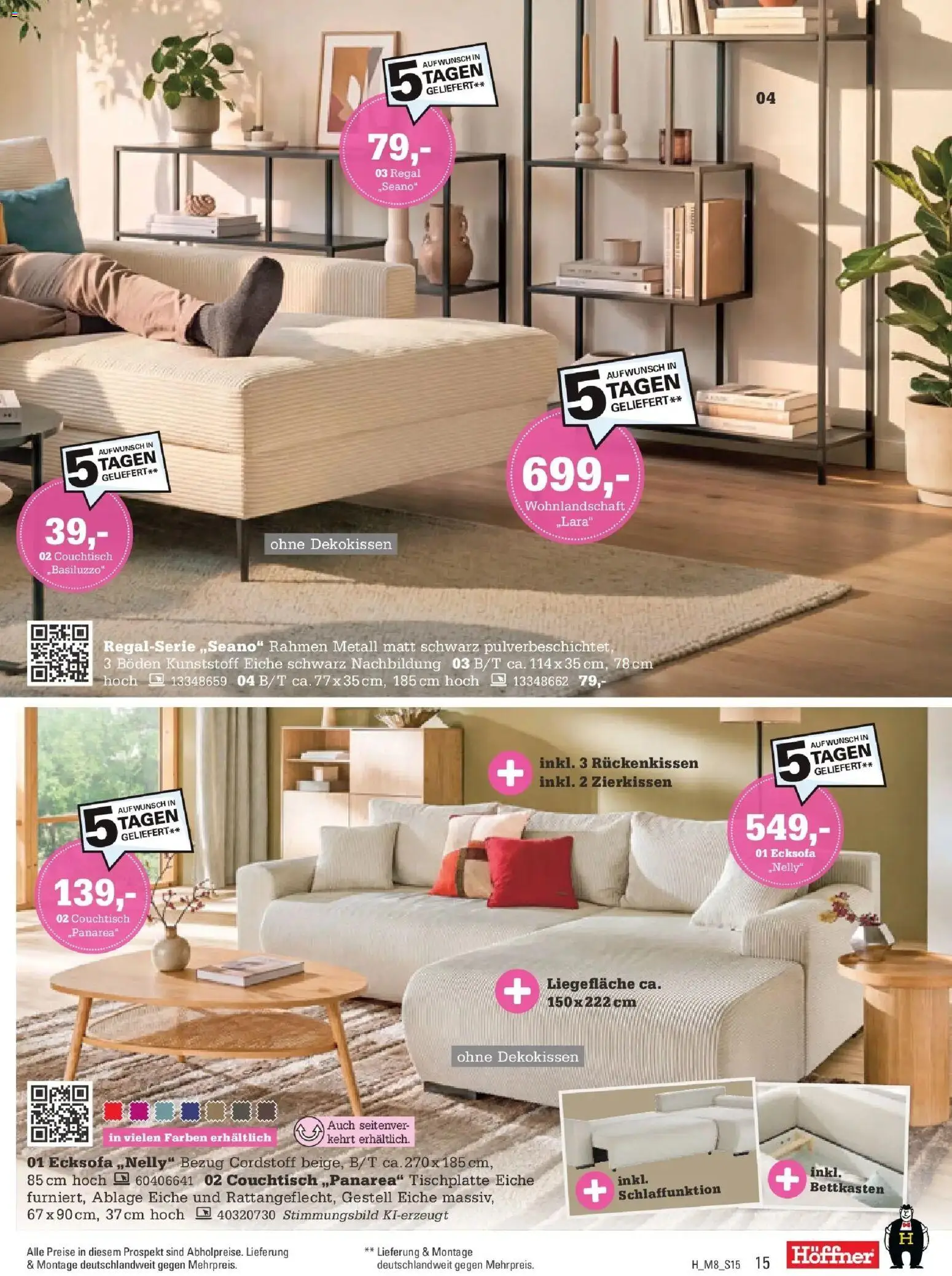 Höffner Prospekt Schönefeld (ab 09.09.2026) zum Blättern | Seite: 15 | Produkte: Wohnlandschaft, Ecksofa, Couchtisch, Regal