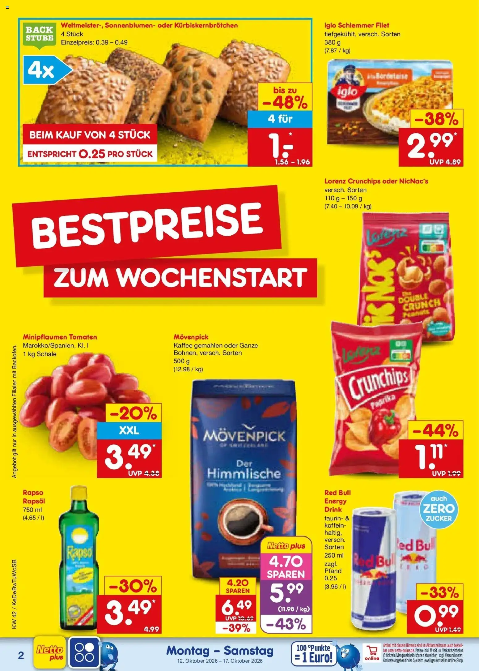 Netto Marken-Discount Prospekt Sindelfingen (ab 12.10.2026) » Angebote | Seite: 2 | Produkte: Red bull, Rapsöl, Iglo, Tomaten