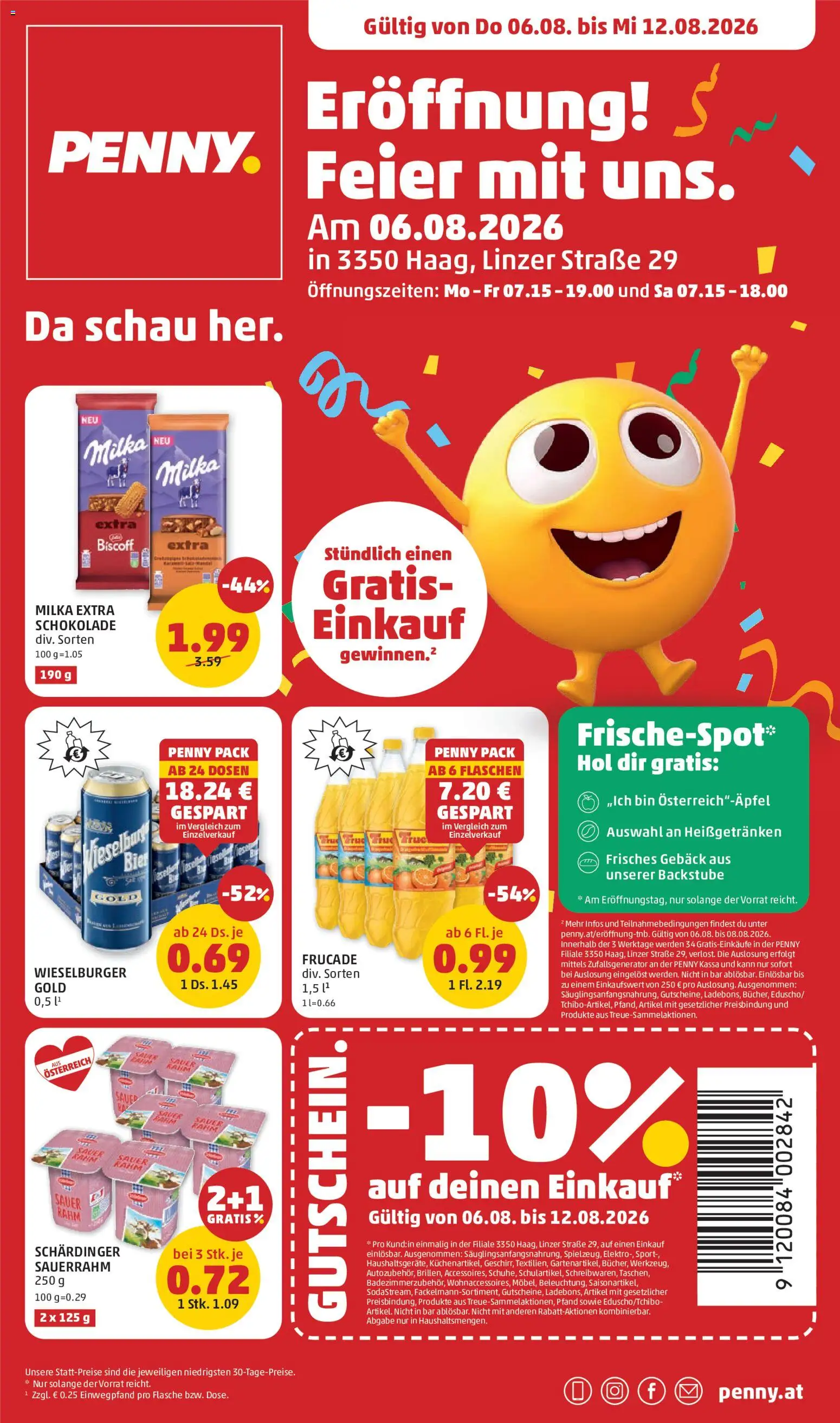 Penny Markt Eröffnung in 3350 Haag gültig ab 06.08.2026 | Seite: 1 | Produkte: Schokolade, Bier, Sauerrahm