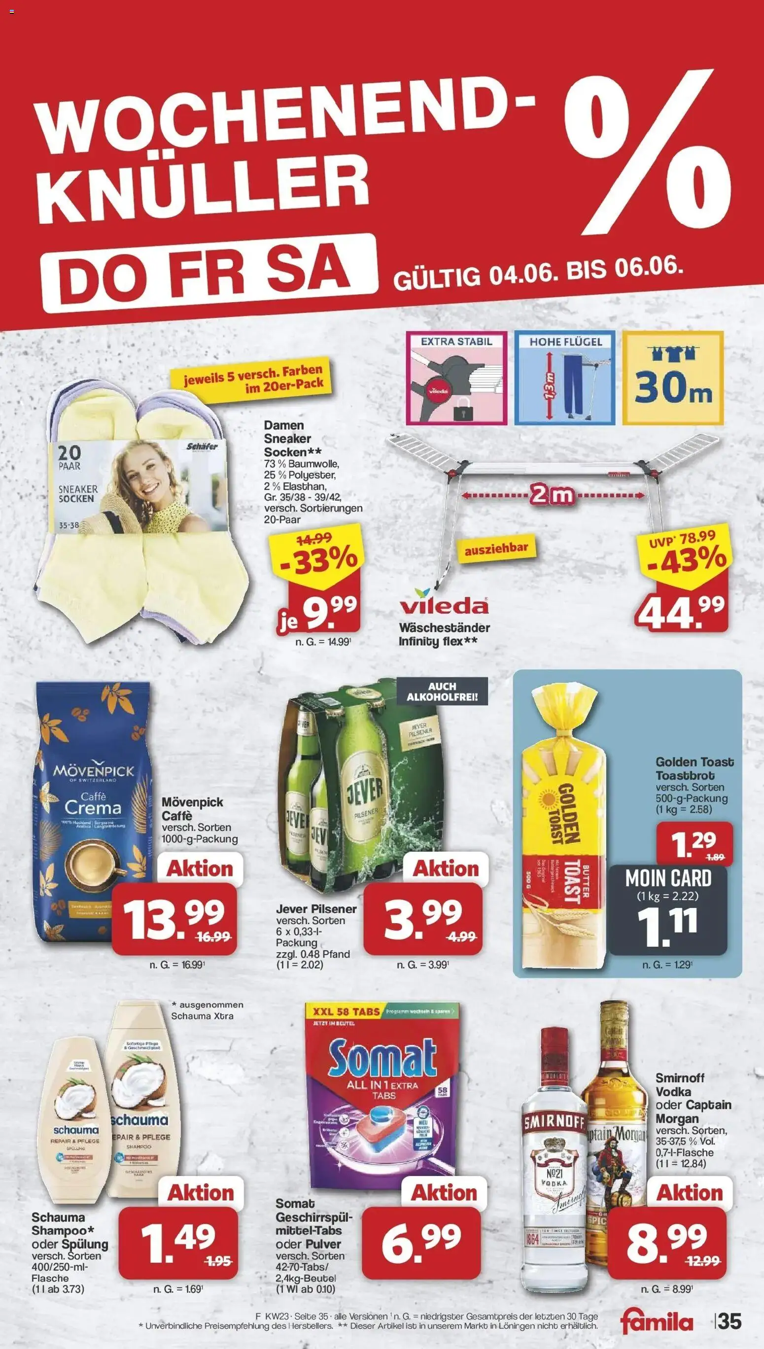 Famila Nordwest Wochenangebote – gültig ab 01.06.2026 | Seite: 35 | Produkte: Toastbrot, Shampoo, Socken, Vodka