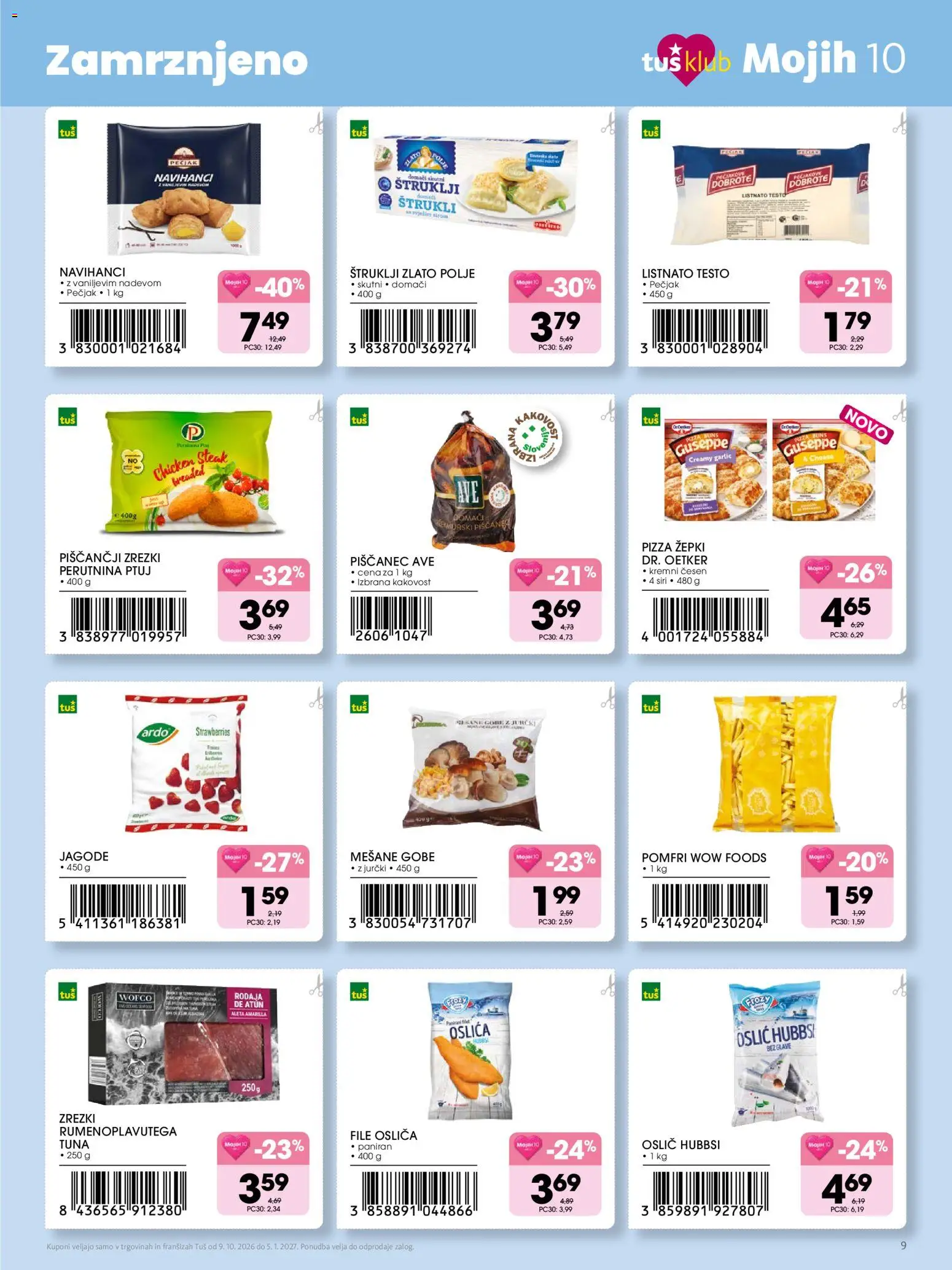 Novi Tuš katalog ponudbe – veljaven od 09.10.2026 | Stran: 9 | Izdelki: Štruklji, Tuna, Jagode, Cesen