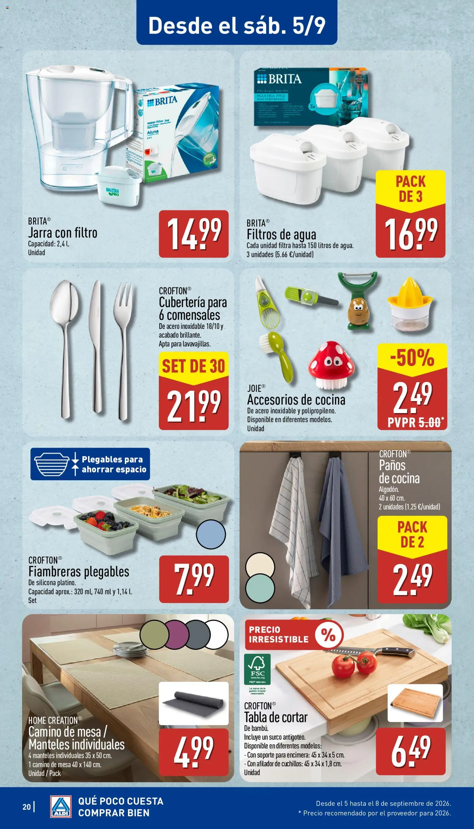 Aldi folleto Baleares │ válido desde el 31/08/2026 | Página: 20 | Productos: Tabla de cortar, Mesa, Cubertería, Agua