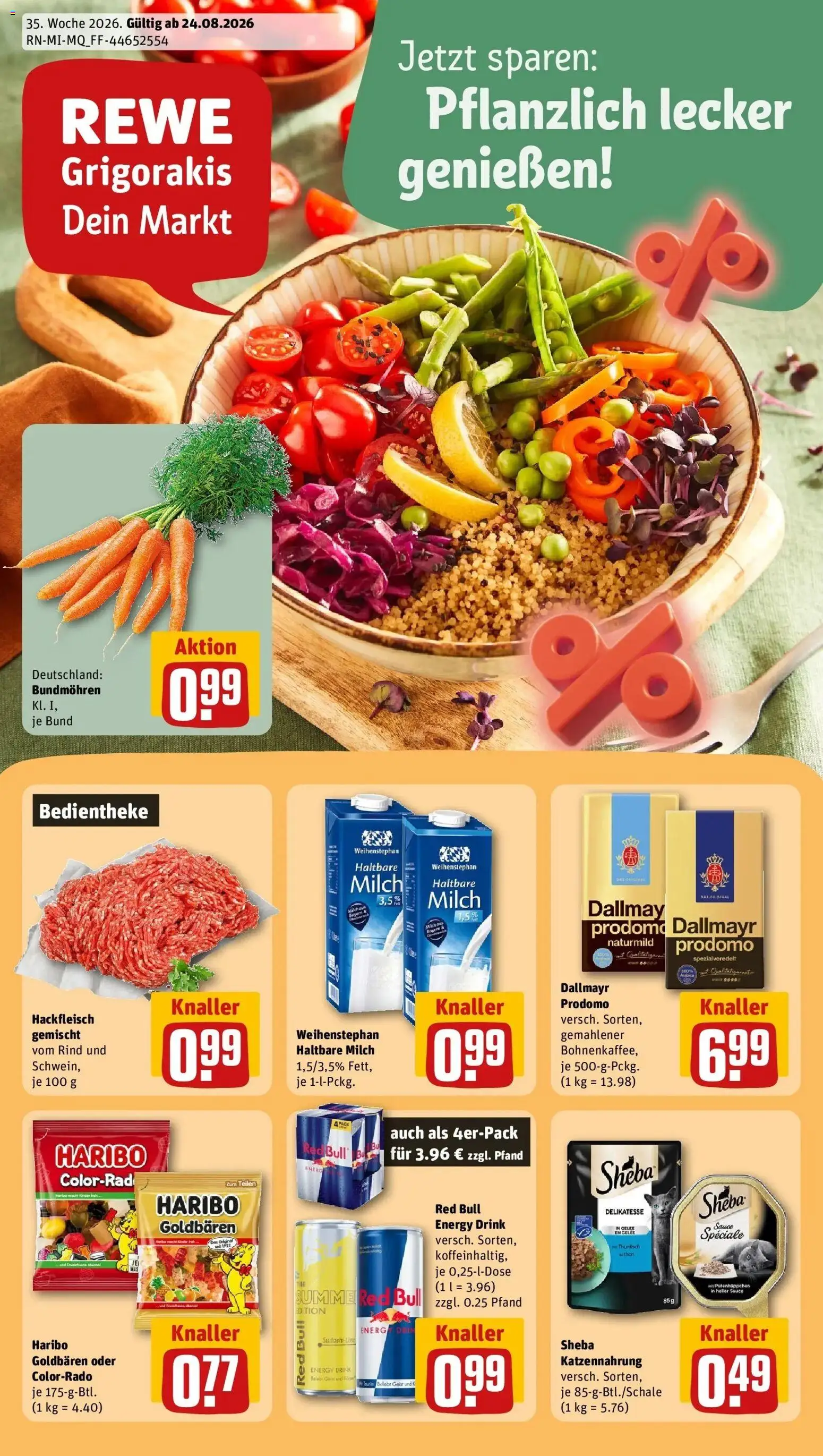 REWE Prospekt ab 24.08.2026 zum Blättern » Angebote | Seite: 1 | Produkte: Milch, Thunfisch, Dallmayr, Hackfleisch