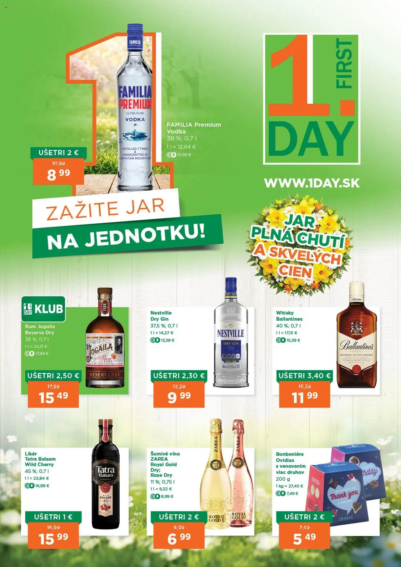 Nové 1day akcie – leták je platný od 09.04.2026 | Strana: 1 | Produkty: Víno, Gin, Šumivé víno, Jar
