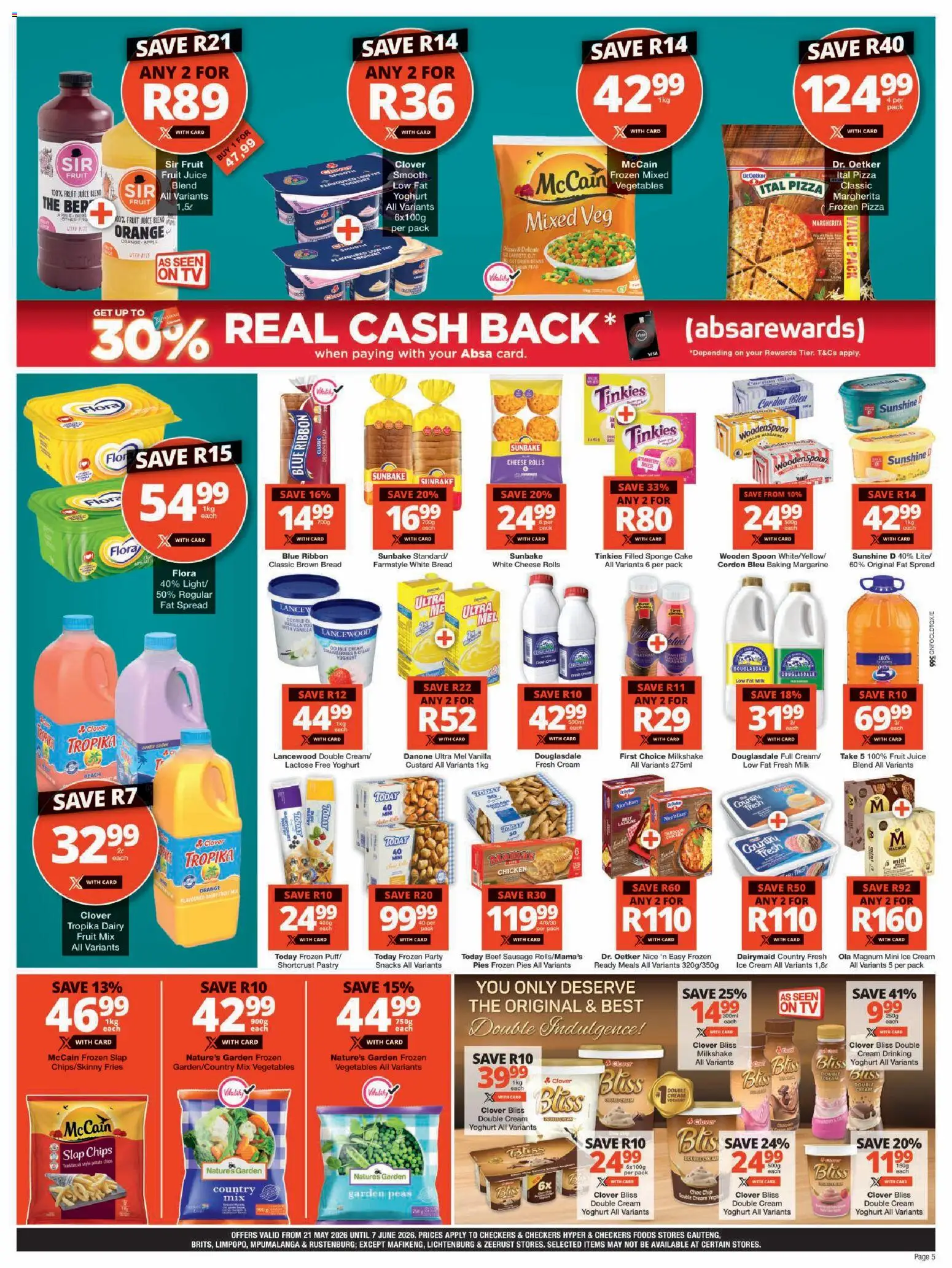 New Checkers catalogue – valid from 21.05.2026 | Page: 5 | Products: Cake, Yoghurt, Margarine, Vegetables