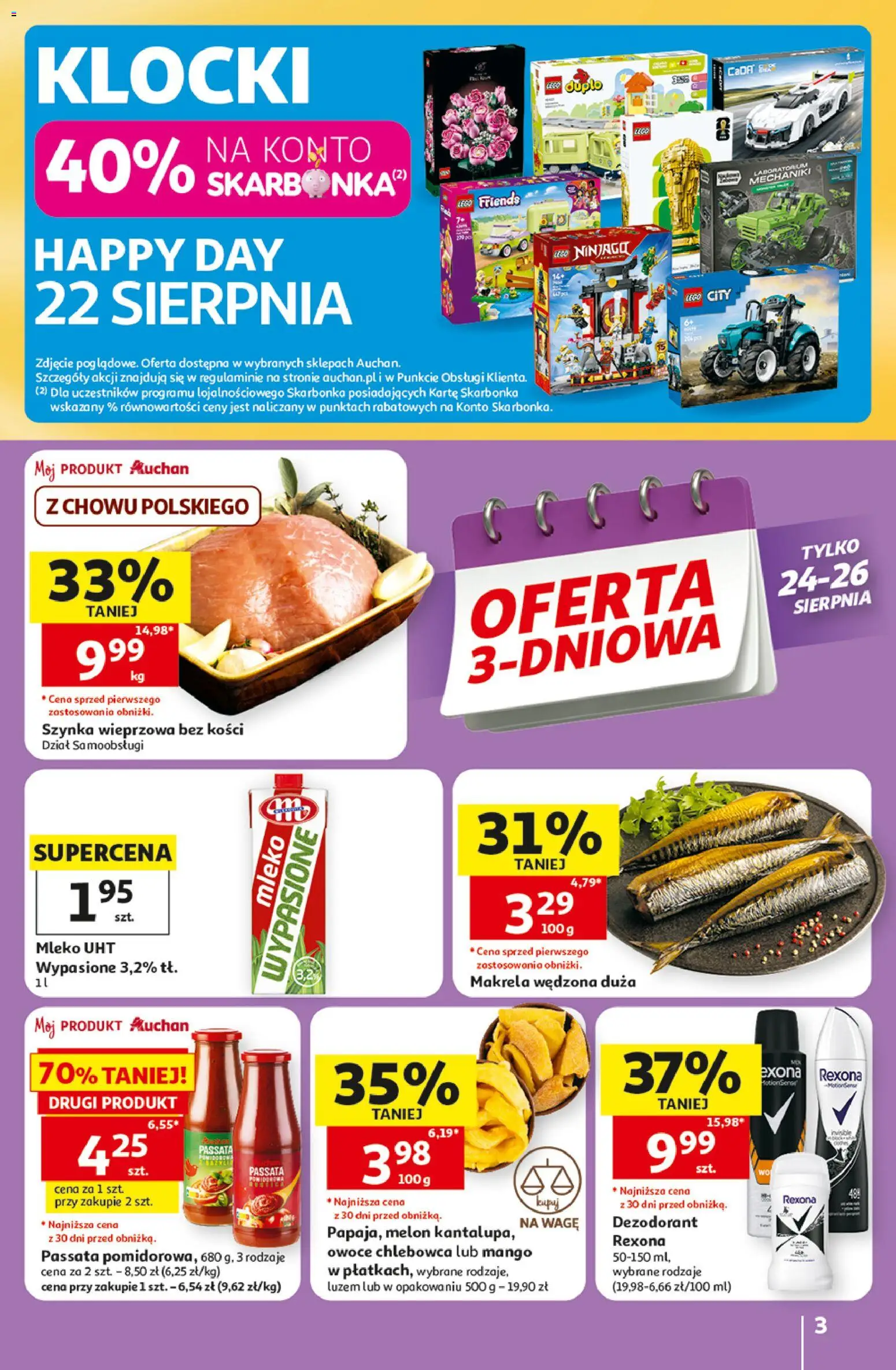 Auchan gazetka - 30 Lat Hipermarket od 20.08.2026 | Strona: 3 | Produkty: Mango, Szynka wieprzowa, Szynka, Lego