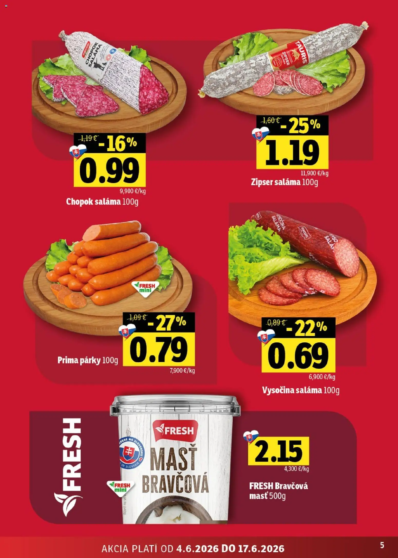 Nové Fresh akcie – leták je platný od 04.06.2026 | Strana: 5 | Produkty: Saláma, Párky