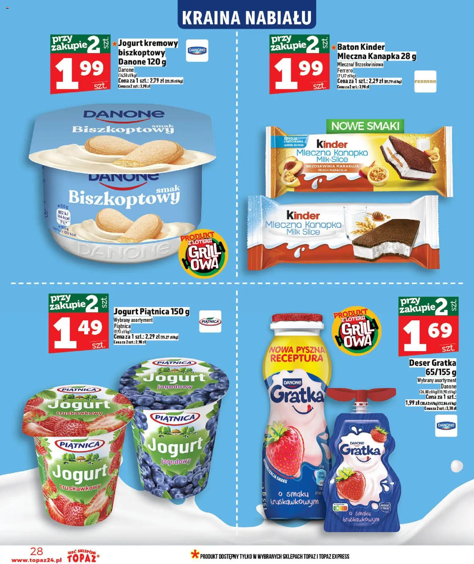 Topaz gazetka - Ceny małe na stałe od 14.05.2026 | Strona: 28 | Produkty: Grill, Baton, Jogurt, Jogurt kremowy