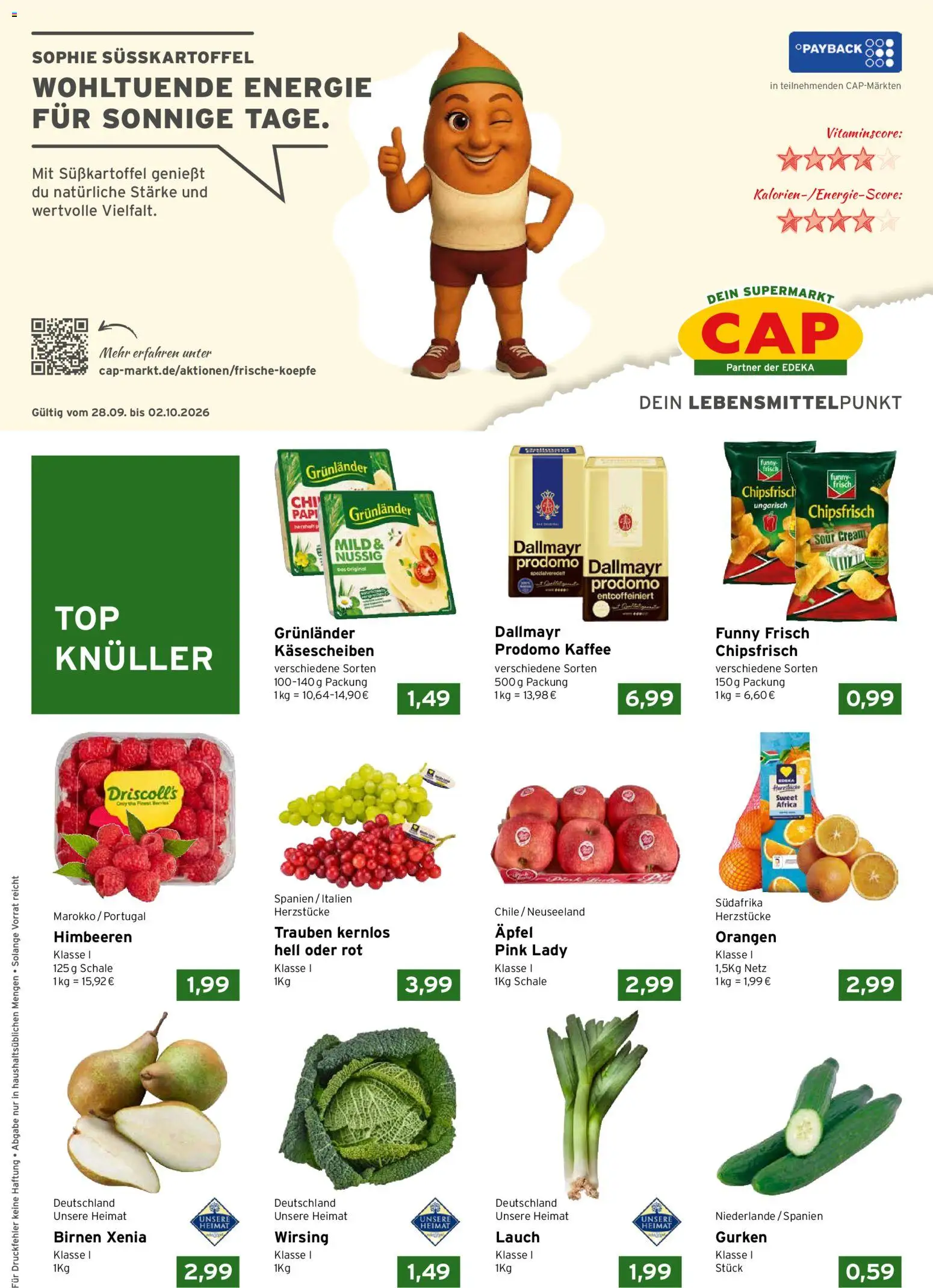 CAP Markt Prospekt – gültig ab 28.09.2026 | Seite: 1 | Produkte: Trauben, Kaffee, Äpfel, Grunlander