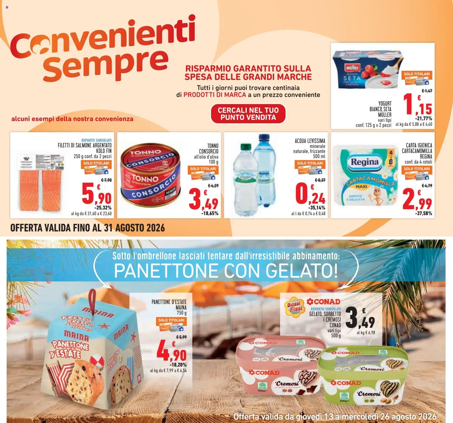 Volantino Conad del 13/08/2026 | Pagina: 21 | Prodotti: Carta igienica, Yogurt, Salmone, Gelato