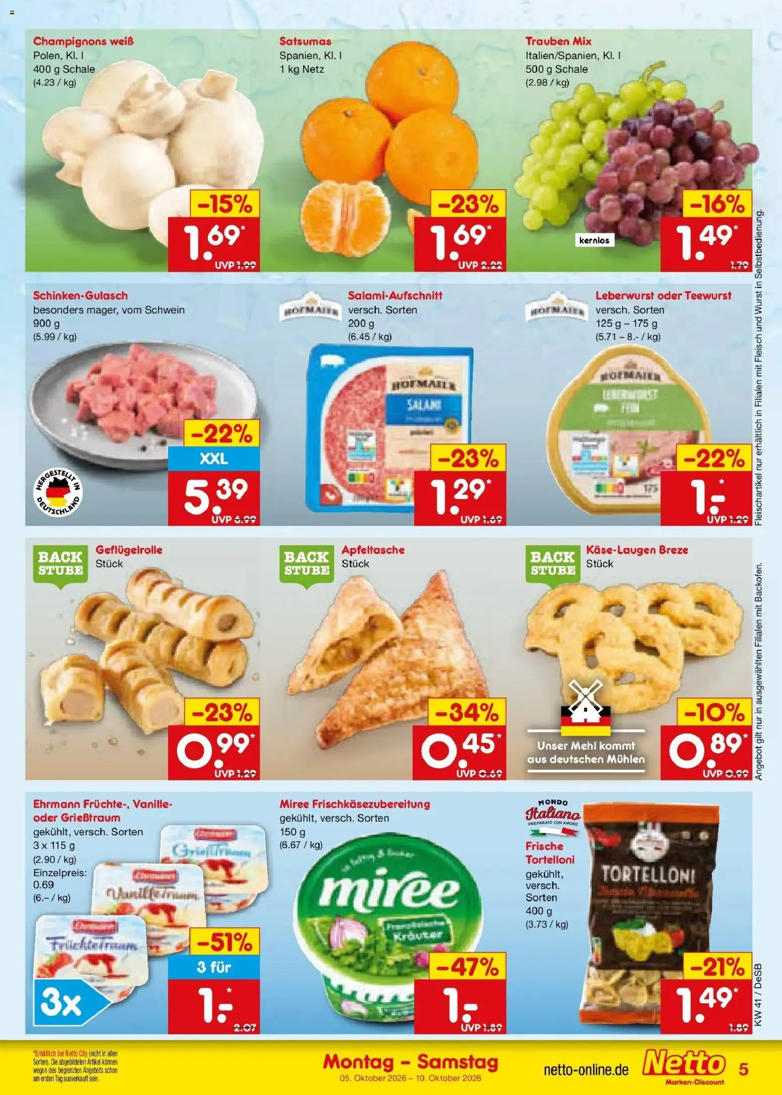 Netto Marken-Discount Prospekt Stuttgart (ab 05.10.2026) » Angebote | Seite: 5 | Produkte: Mehl, Champignons, Salami, Fleisch