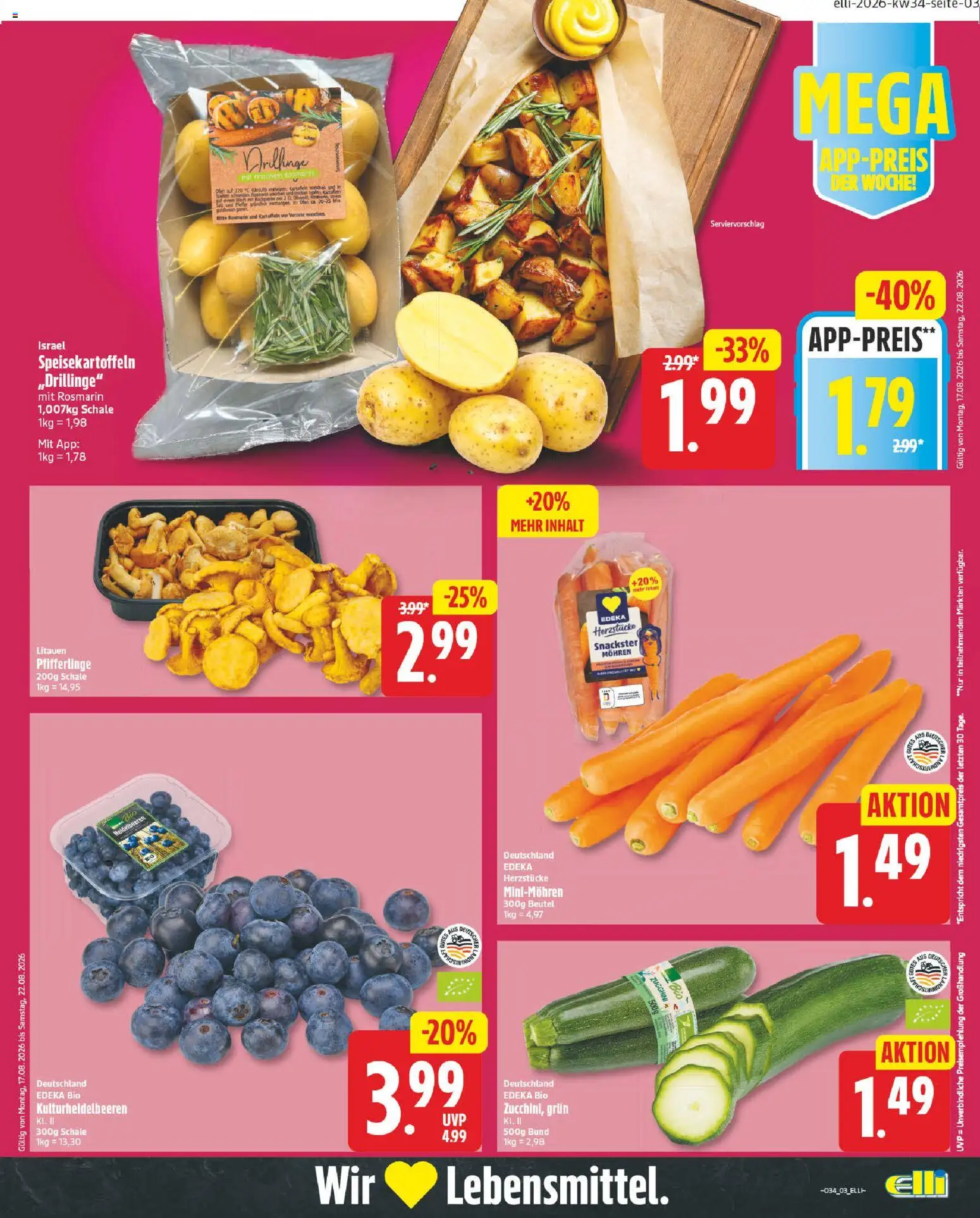 Elli Markt Prospekt Delbrück – gültig ab 17.08.2026 | Seite: 3 | Produkte: Mohren, Kartoffeln, Pfifferlinge, Zucchini