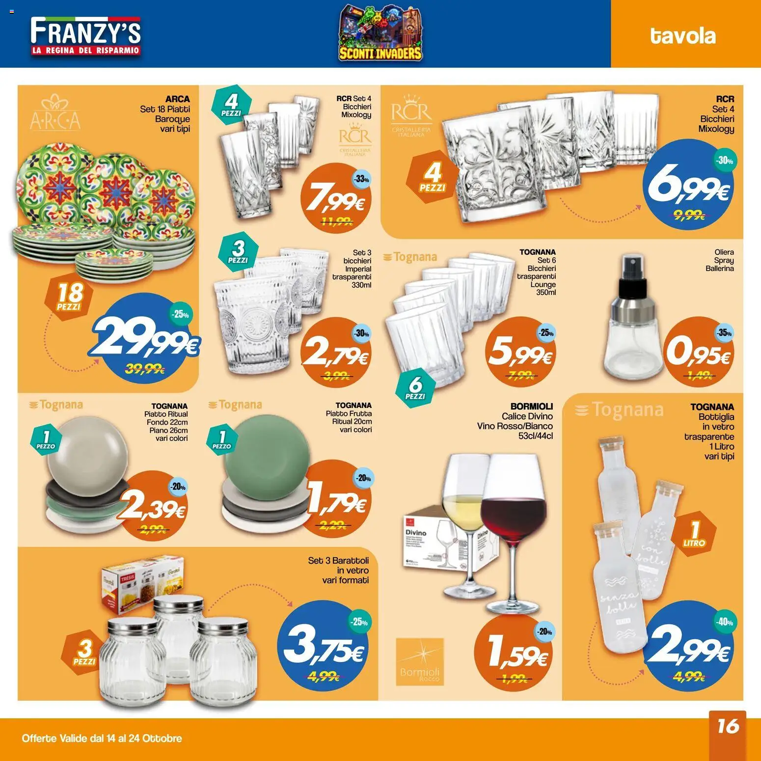 Volantino Franzy's del 14/10/2026 | Pagina: 16 | Prodotti: Piatti, Frutta, Vino, Bottiglia