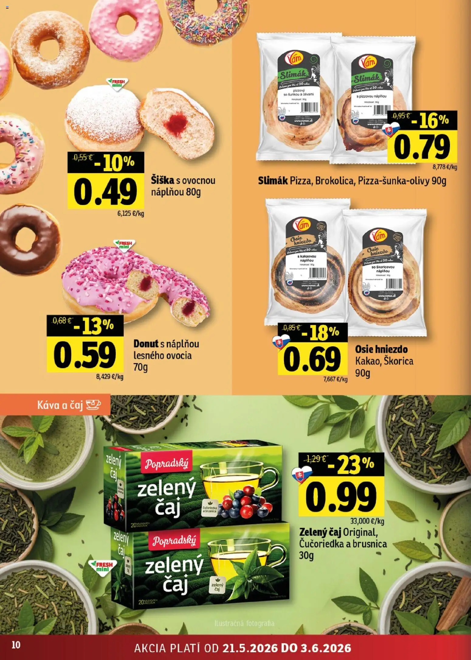Nové Fresh akcie – leták je platný od 21.05.2026 | Strana: 10 | Produkty: Káva, Donut, Čaj