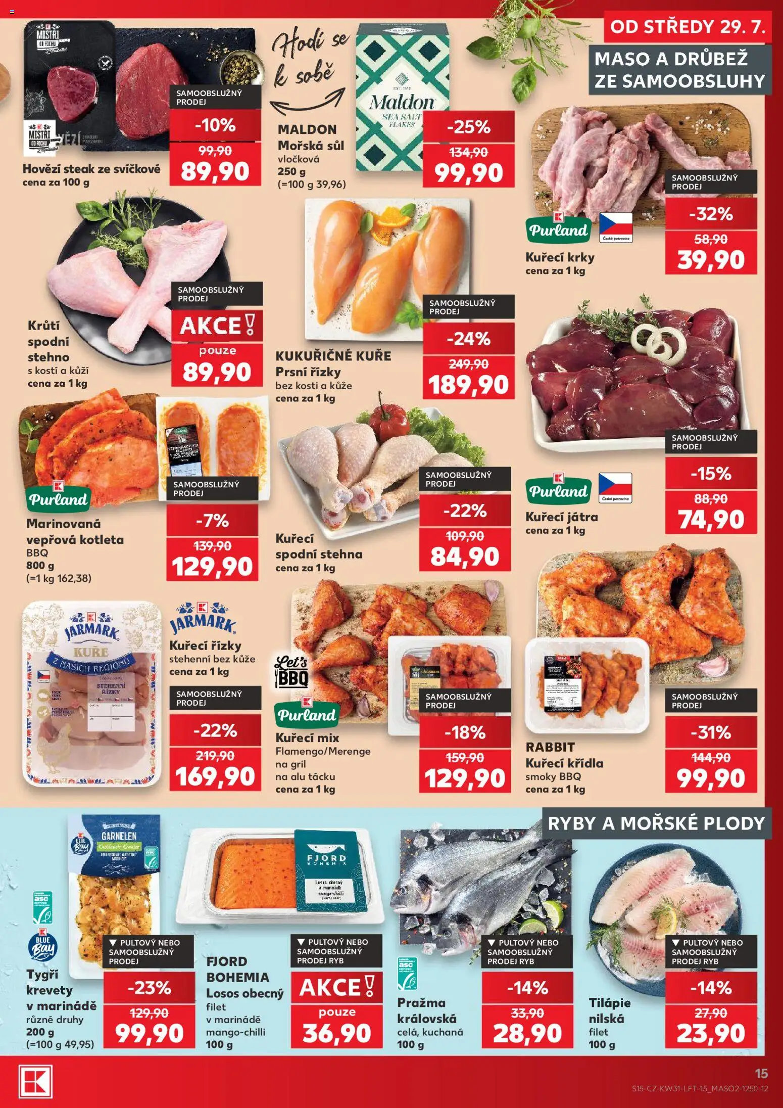 Kaufland leták - Brno od 29.07.2026 | Strana: 15 | Produkty: Kuřecí řízky, Tiger, Filet, Krevety