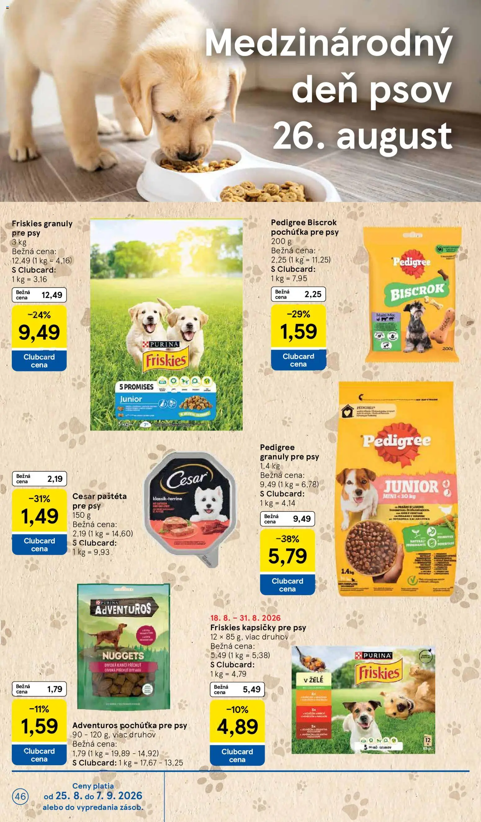 Nové Tesco akcie – leták je platný od 26.08.2026 | Strana: 46 | Produkty: Friskies, Granule, Kapsičky, Paštéta
