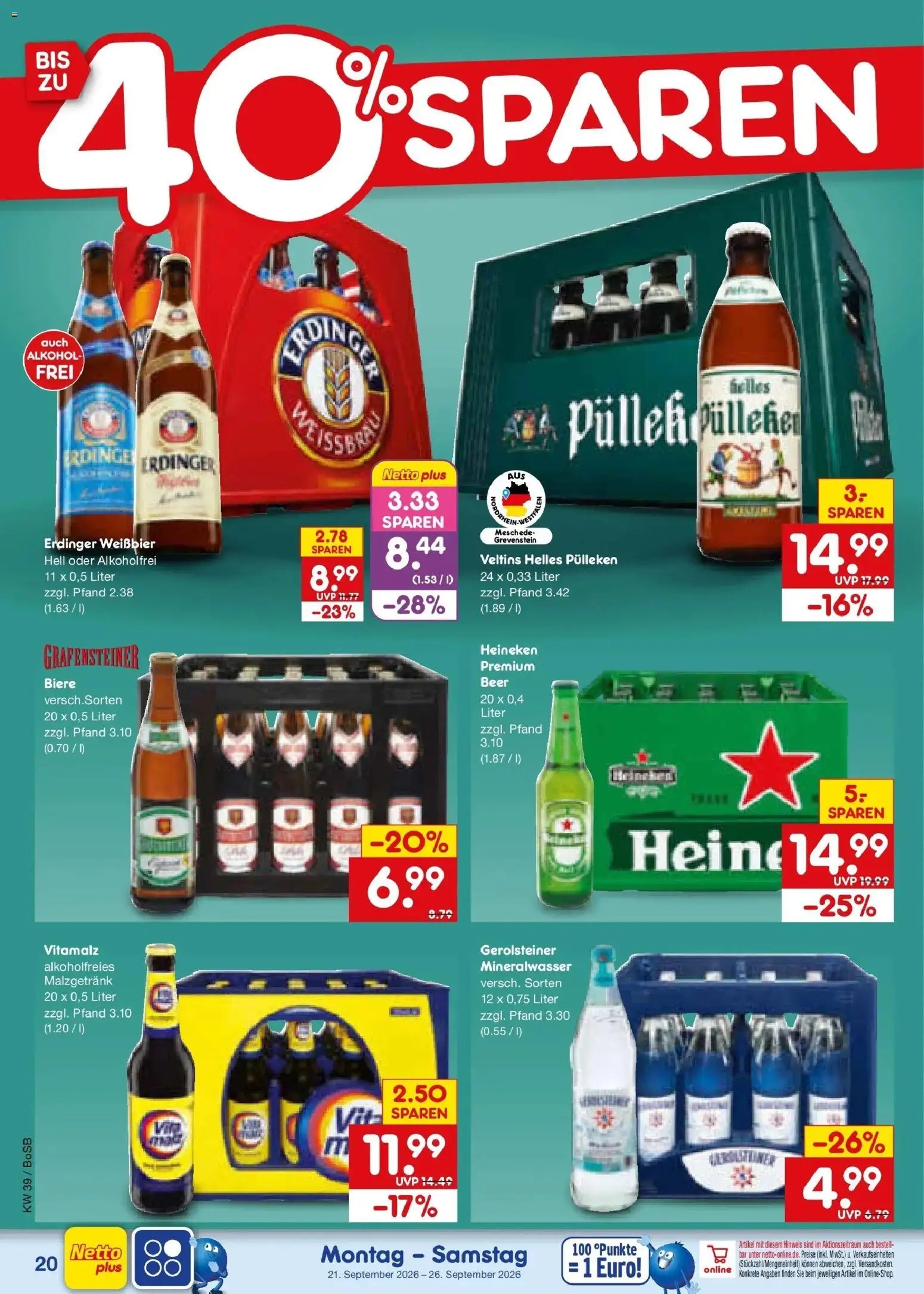 Netto Marken-Discount Prospekt Bochum – gültig ab 21.09.2026 | Seite: 28 | Produkte: Helles pulleken, Weißbier, Mineralwasser, Gerolsteiner