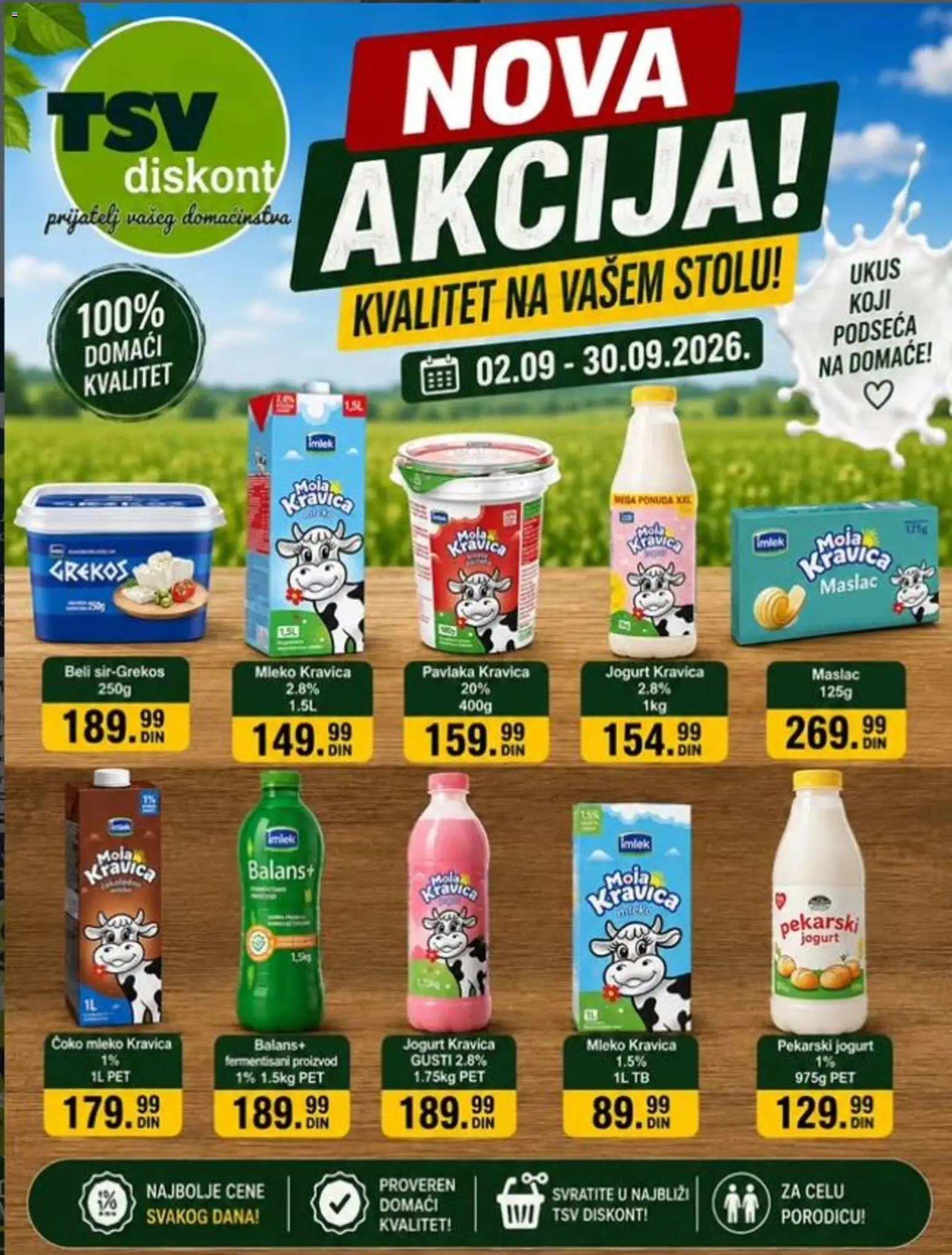 TSV Diskont katalog - važi od 02.09.2026 | Strana: 1 | Proizvode: Maslac, Moja kravica, Mleko, Pavlaka