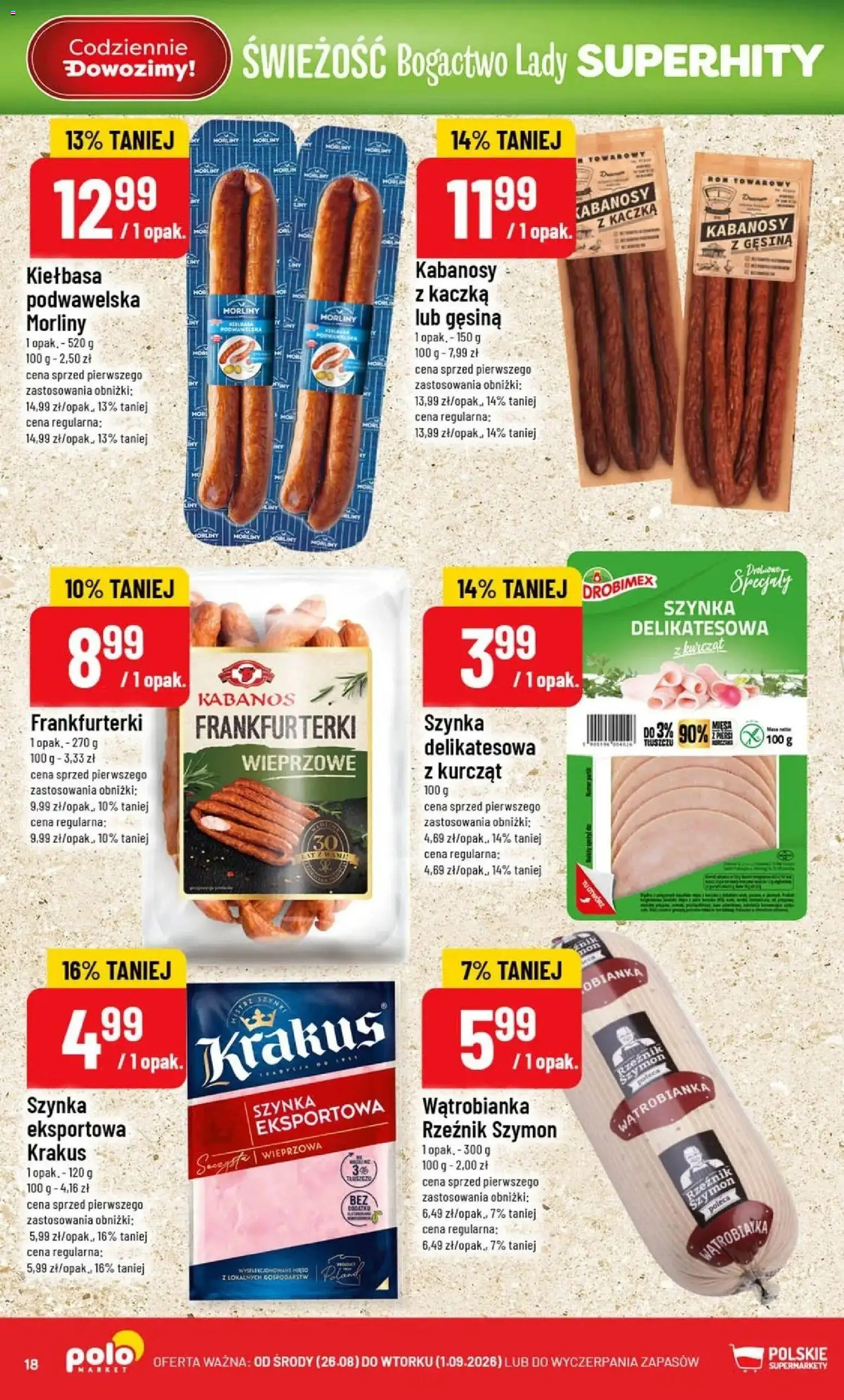Nowa POLOmarket gazetka od jutra 26.08.2026 | Strona: 18 | Produkty: Specjały, Frankfurterki, Kabanosy, Kabanos