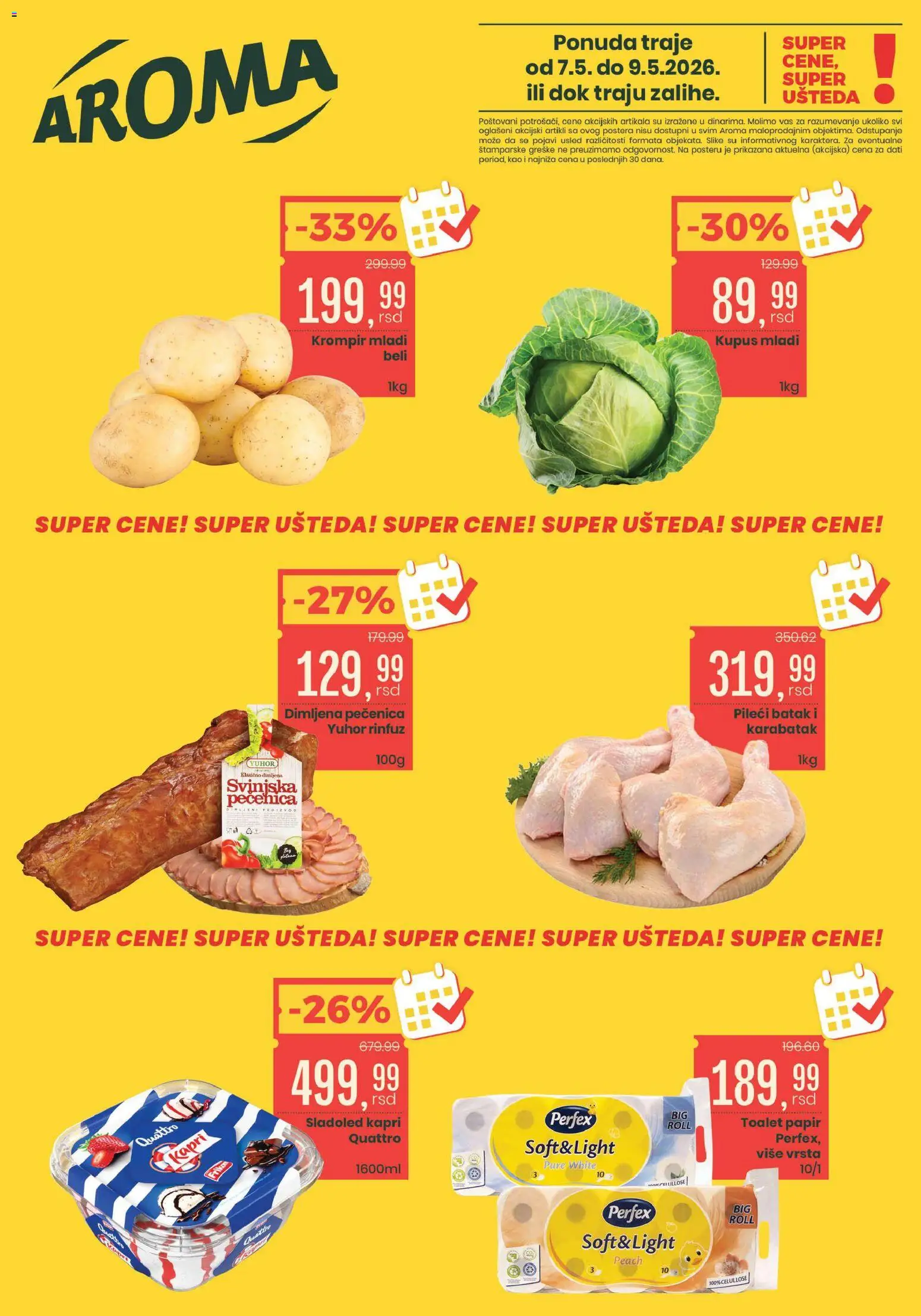 Aroma Market katalog - važi od 07.05.2026 | Strana: 1 | Proizvode: Toalet papir, Kupus, Pileći batak, Pečenica