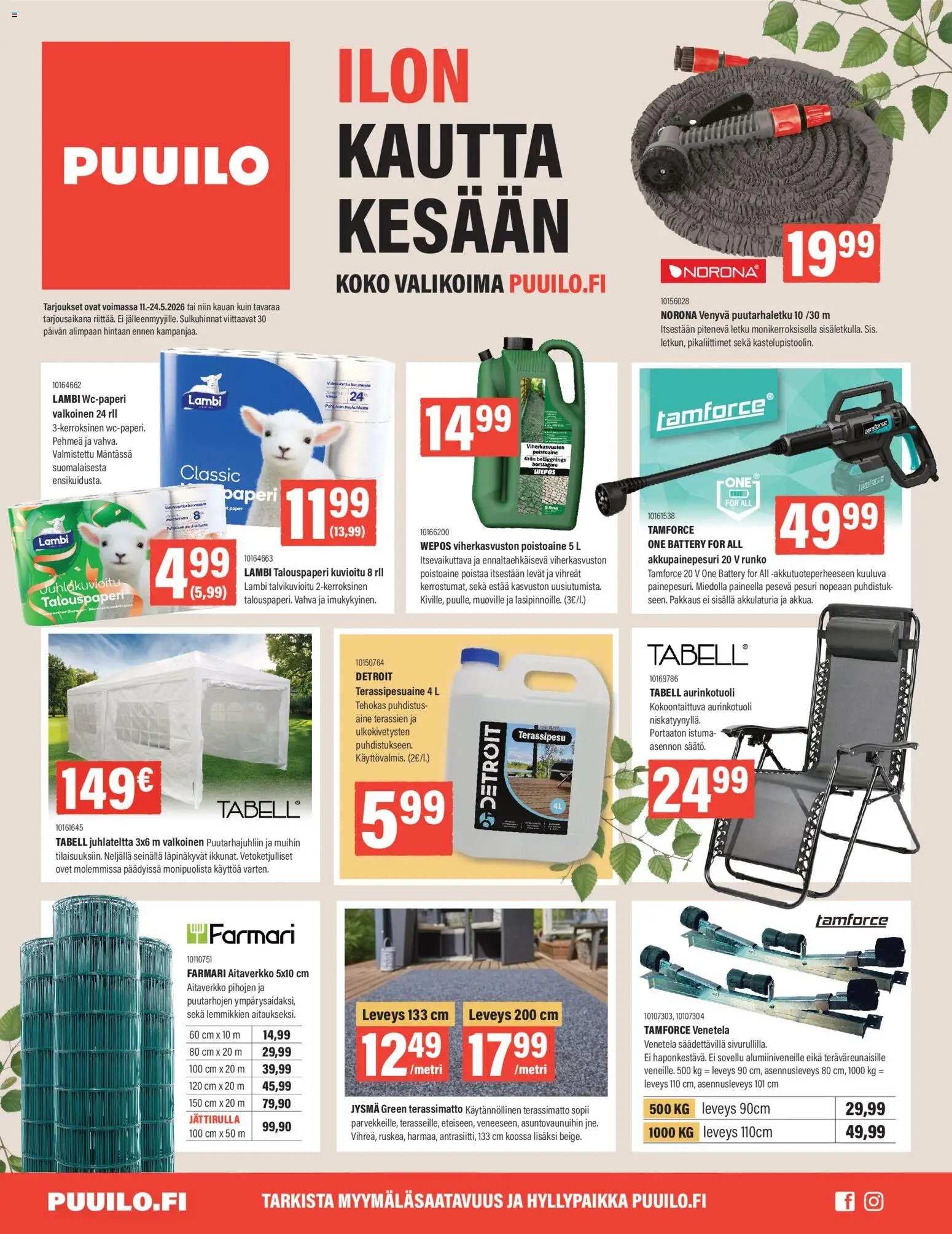 Puuilo tarjoukset – voimassa 11.05.2026 alkaen | Sivu: 1 | Tuotteet: Letku, Puutarhaletku, Aurinkotuoli, Paperi
