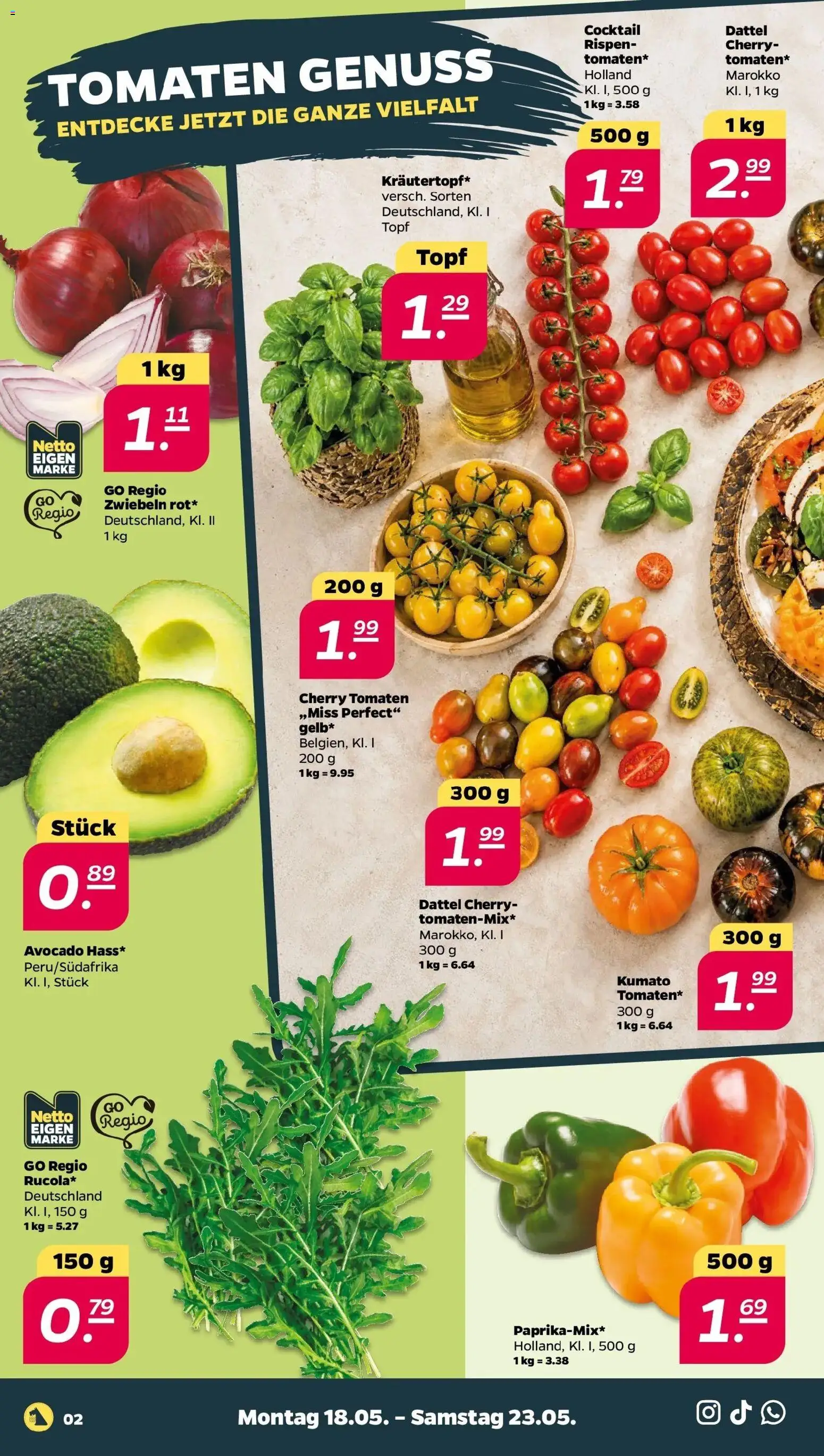 Netto Wochenangebote – gültig ab 18.05.2026 | Seite: 2 | Produkte: Tomaten, Avocado, Zwiebeln, Dattel
