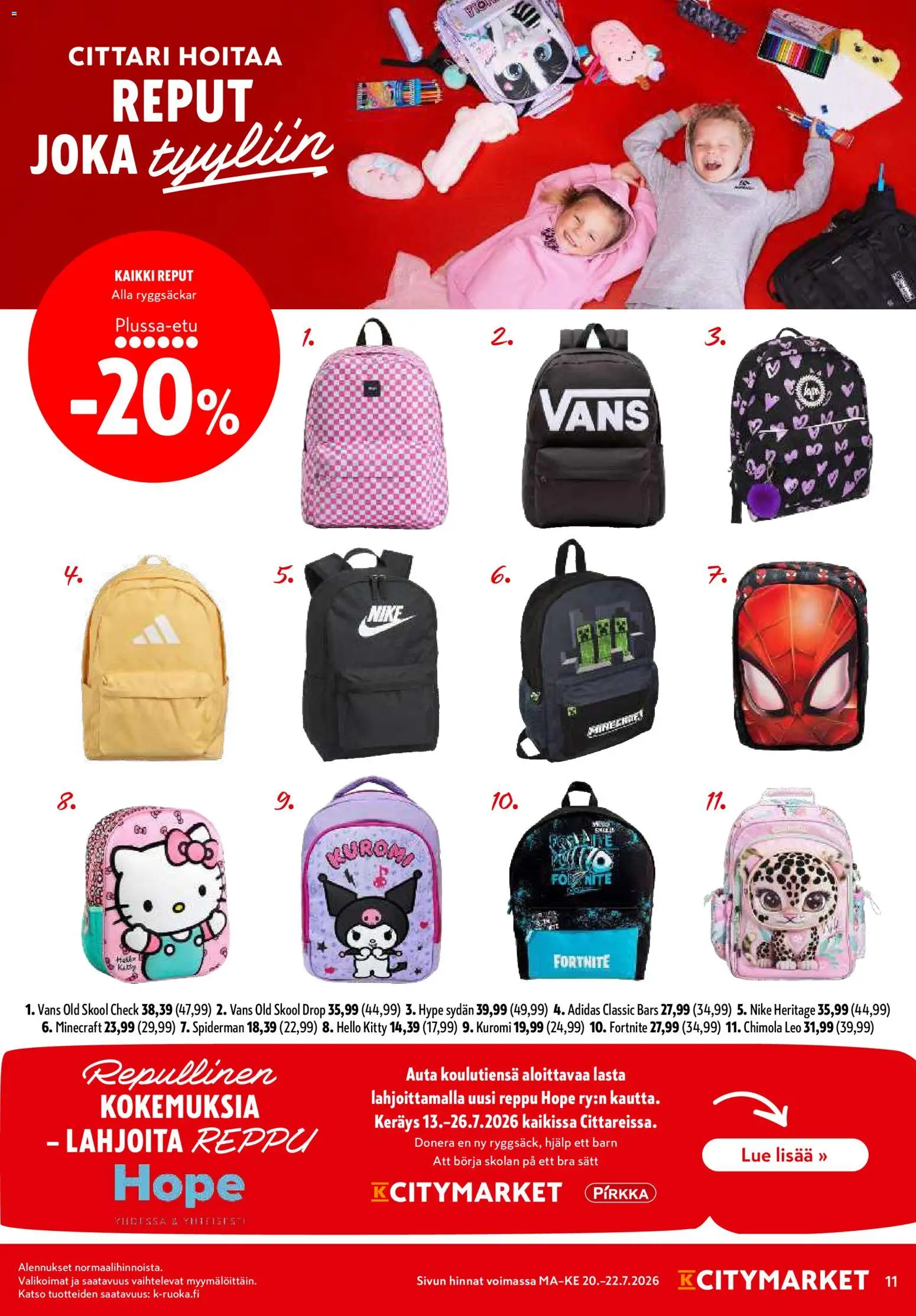 K-Citymarket tarjoukset – voimassa 20/07/2026 alkaen | Sivu: 11 | Tuotteet: Reppu