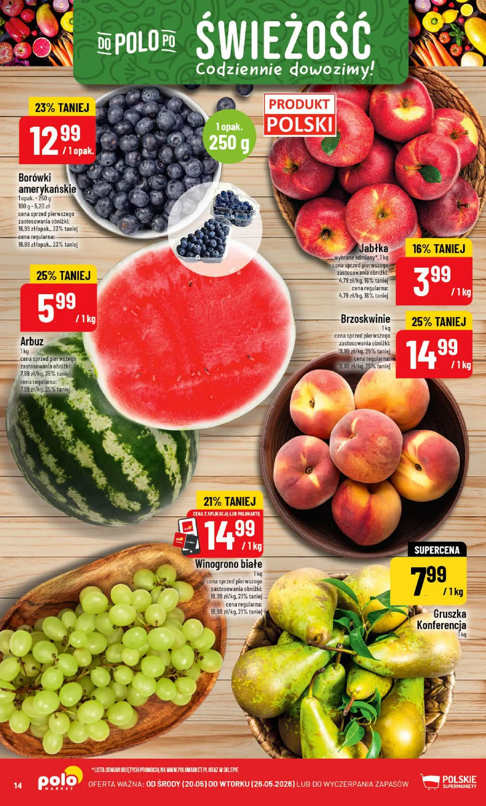 POLOmarket gazetka od 20.05.2026 | Strona: 14 | Produkty: Arbuz, Gruszka, Winogrono, Brzoskwinie
