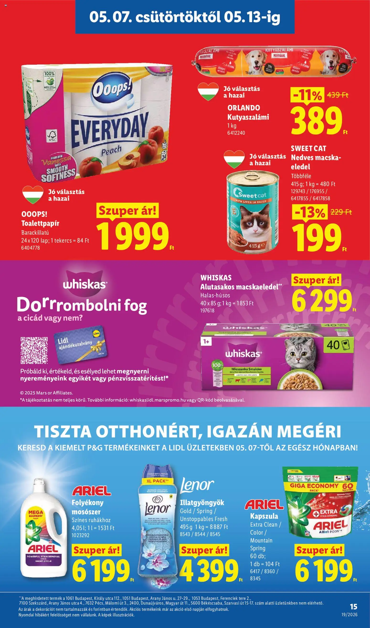 Lidl akciós ujság - amely érvényes a következő dátumtól: 07.05.2026 | Oldal: 15 | Termékek: Macskaeledel, Whiskas, Folyékony mosószer, Mosószer