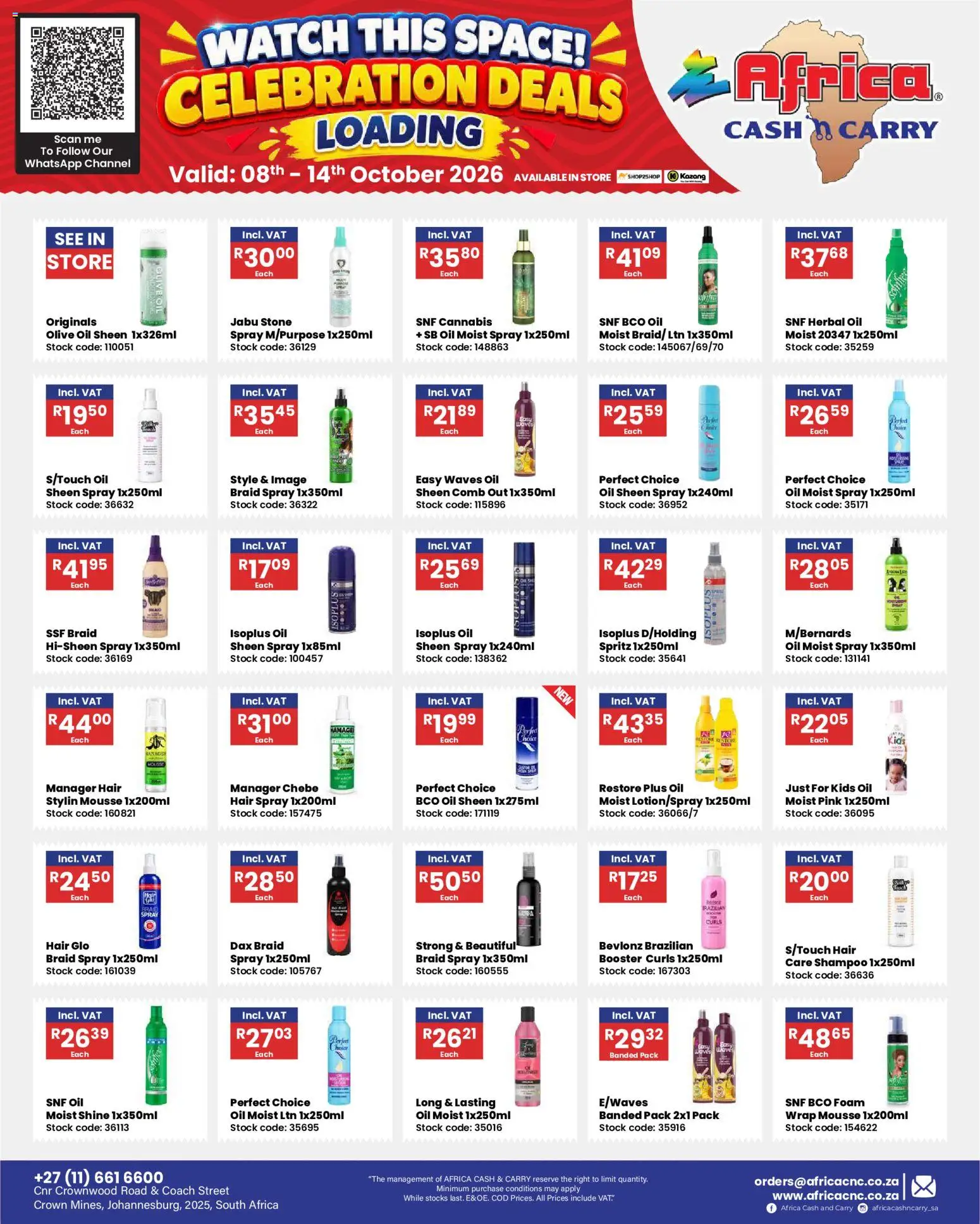 New Africa Cash & Carry catalogue – valid from 08/10/2026 | Page: 1 | Products: Watch, Shampoo, Hair spray, Foam