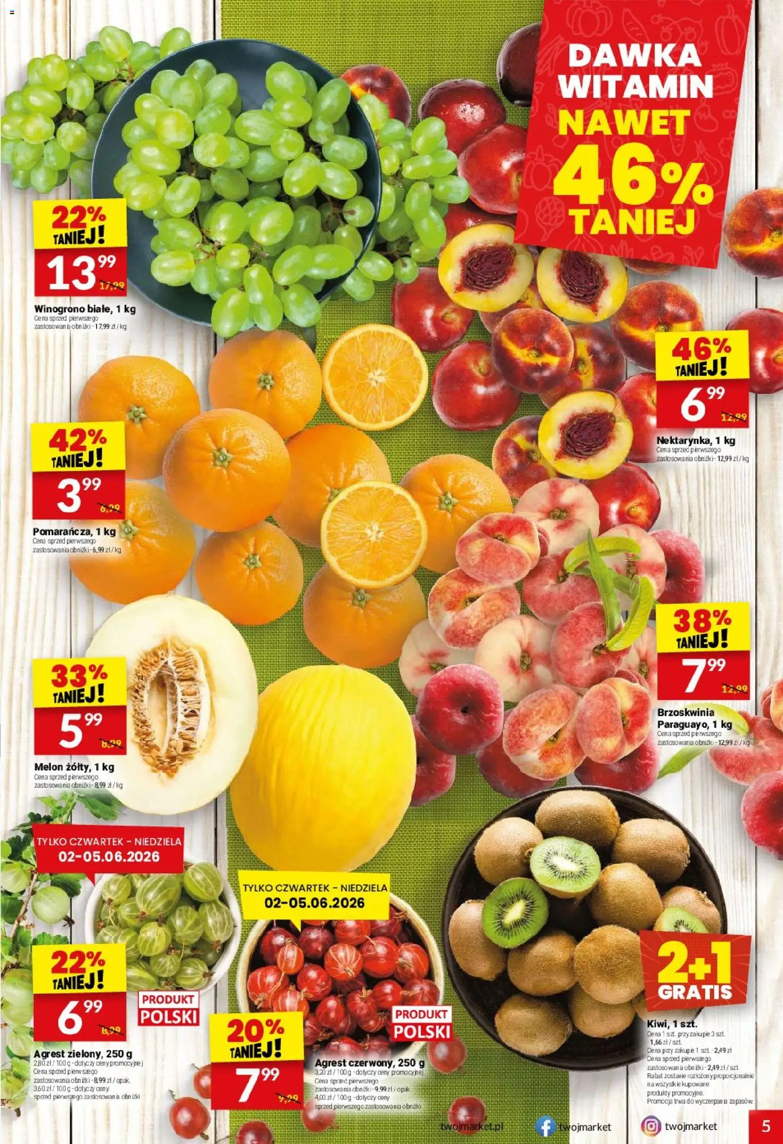 Twój Market gazetka od 01.07.2026 | Strona: 5 | Produkty: Brzoskwinia, Melon, Winogrono, Agrest