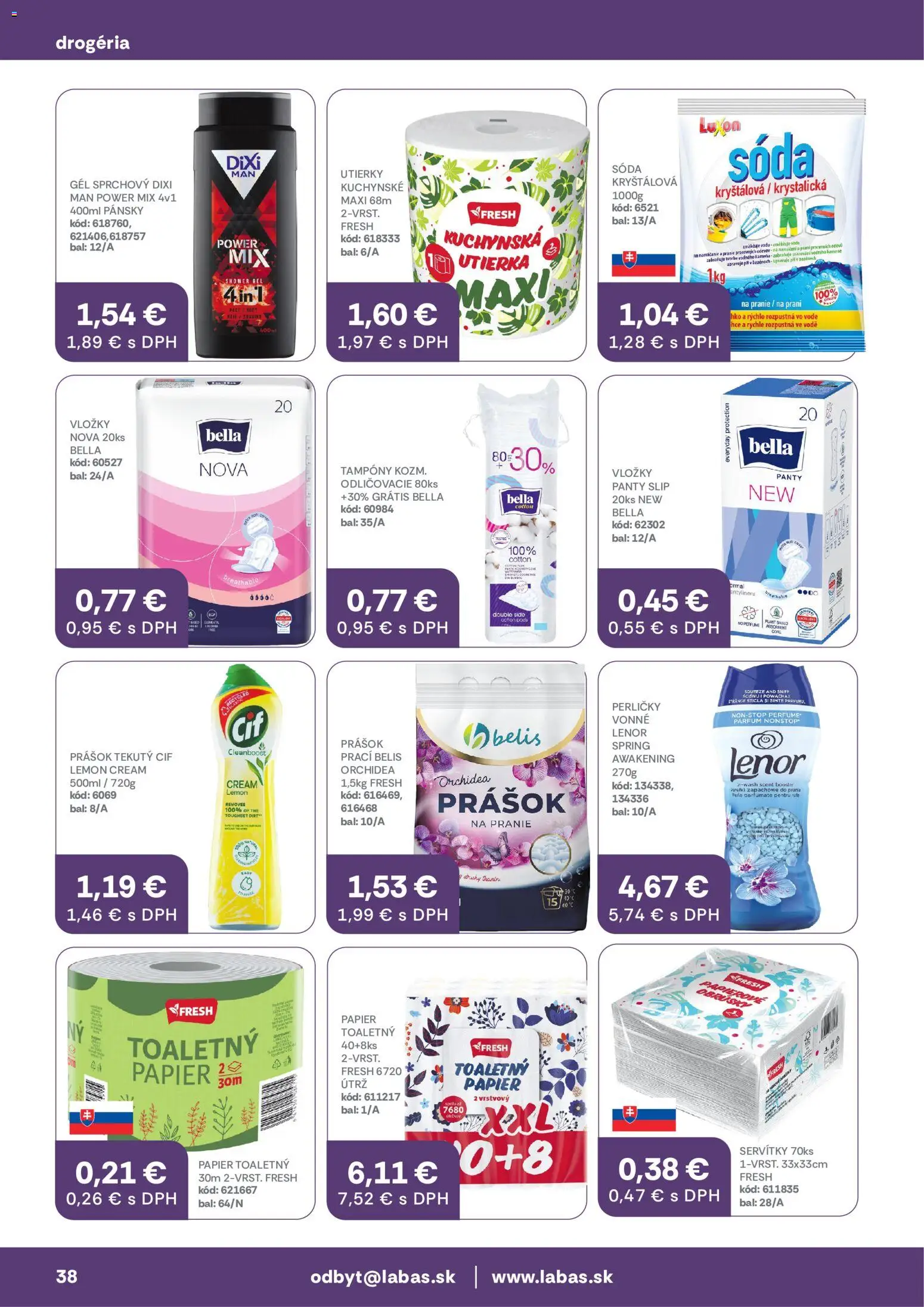 Nové Labaš akcie – leták je platný od 05.06.2026 | Strana: 38 | Produkty: Toaletný papier, Cif, Orchidea, Lenor