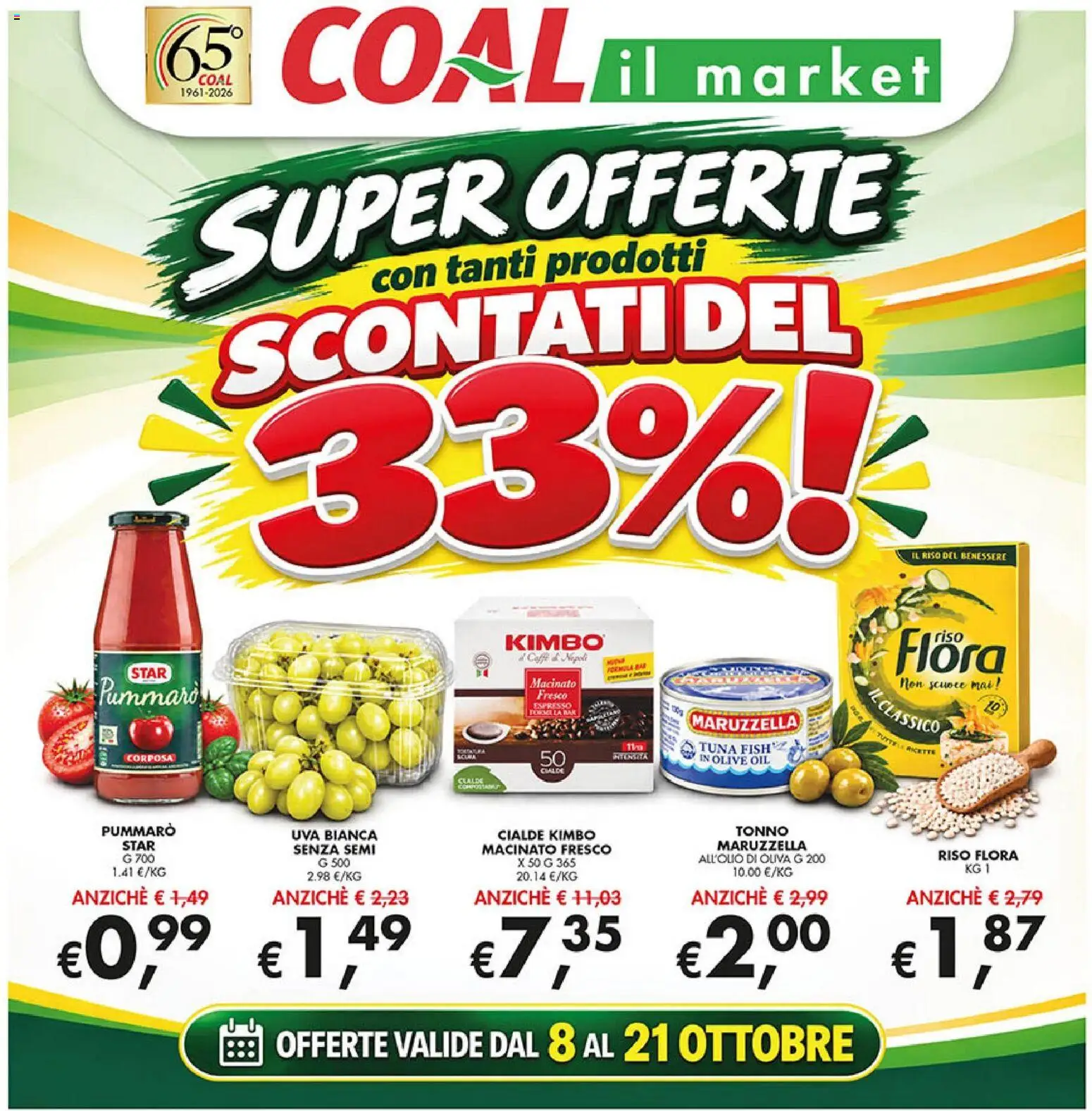 Volantino Coal del 08/10/2026 | Pagina: 1 | Prodotti: Riso, Olive, Uva, Kimbo