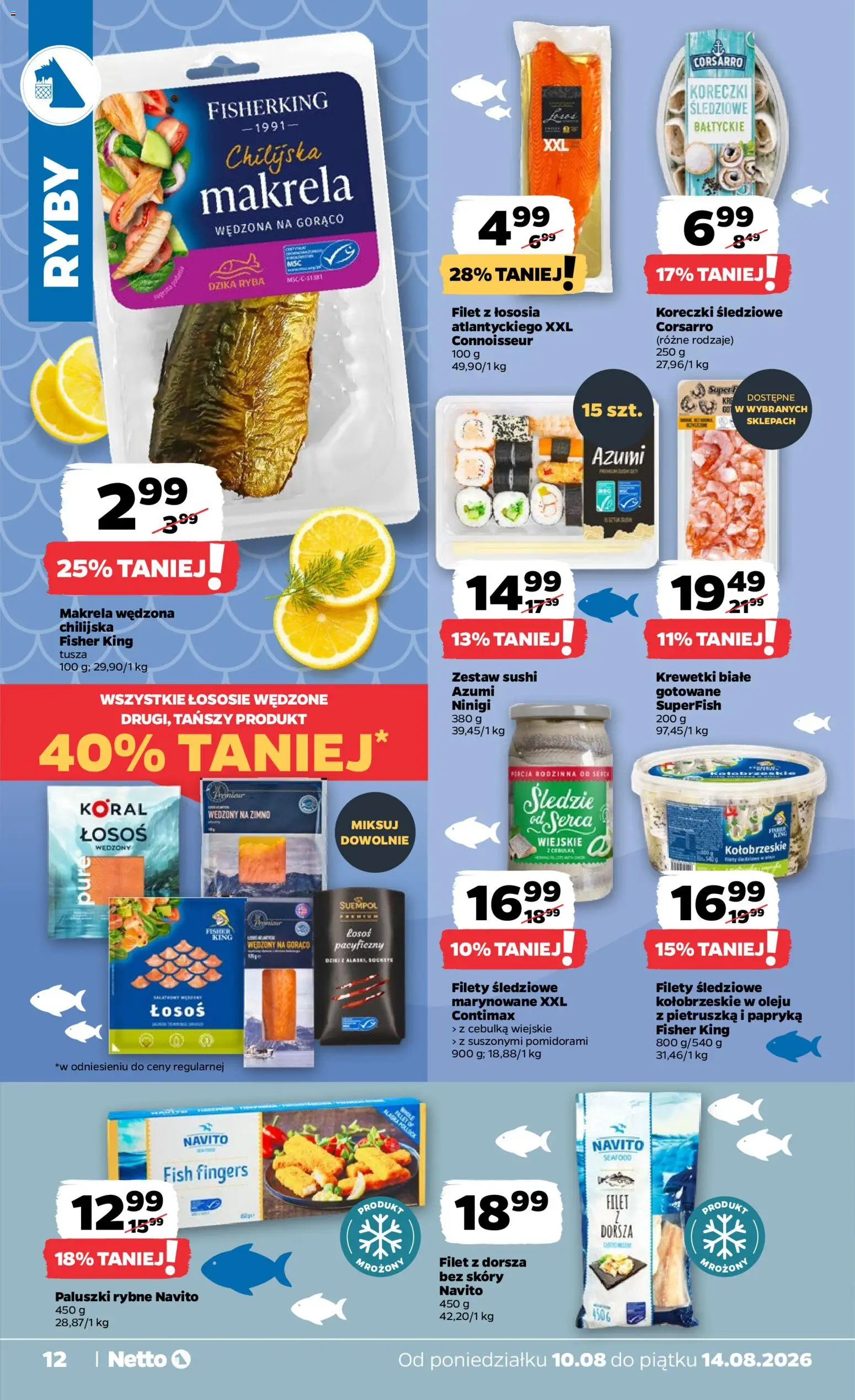 Netto gazetka od poniedziałku od 10.08.2026 | Strona: 12 | Produkty: Makrela wędzona, Paluszki rybne, Makrela, Łosoś wędzony na gorąco