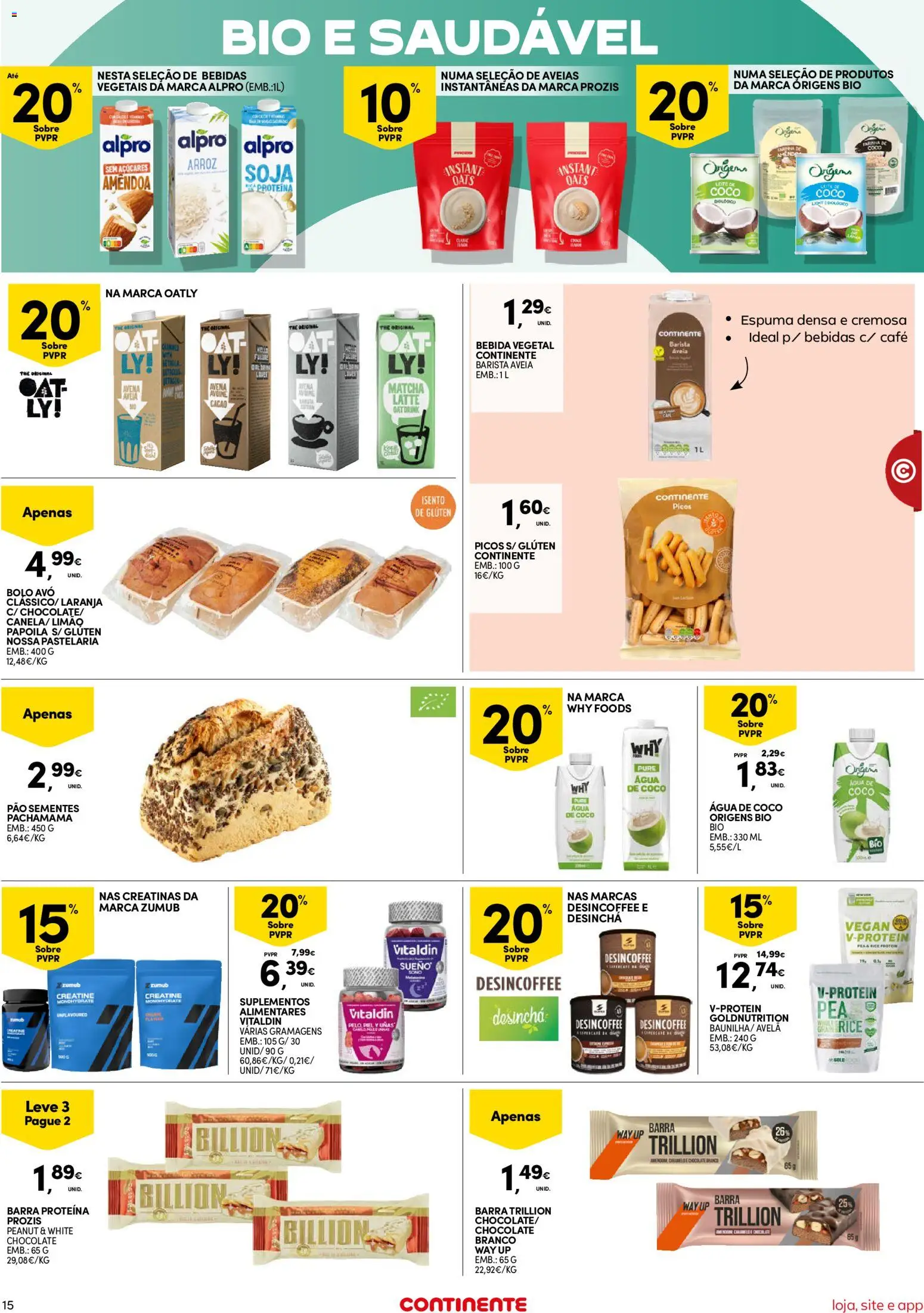 Continente Semanal Continente Bom Dia │ válido de 19.05.2026 | Página: 15 | Produtos: Barra de proteína, Leite, Pão, Bebida