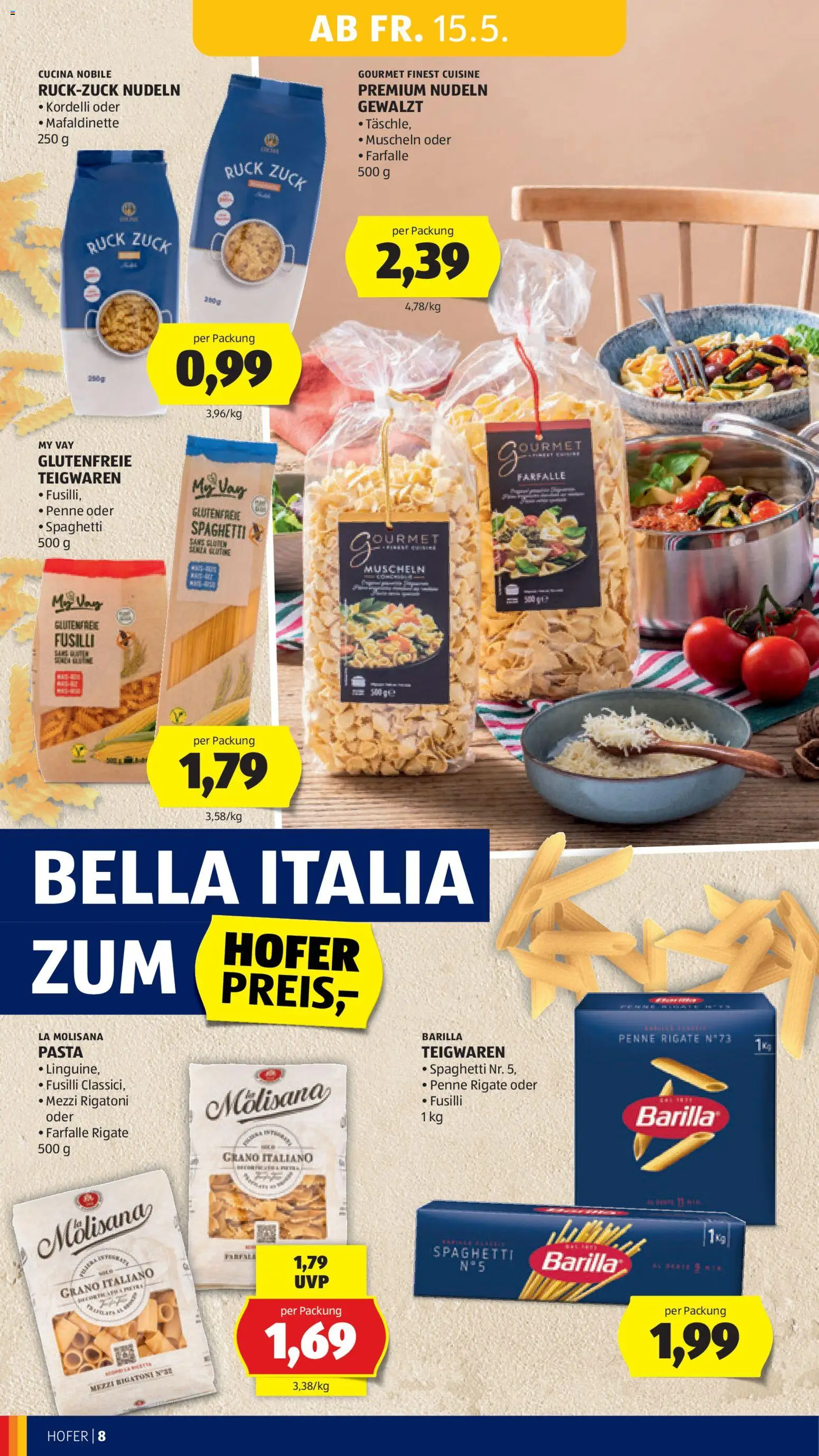 Hofer AT akciós ujság - amely érvényes a következő dátumtól: 15.05.2026 | Oldal: 12 | Termékek: Farfalle, Penne
