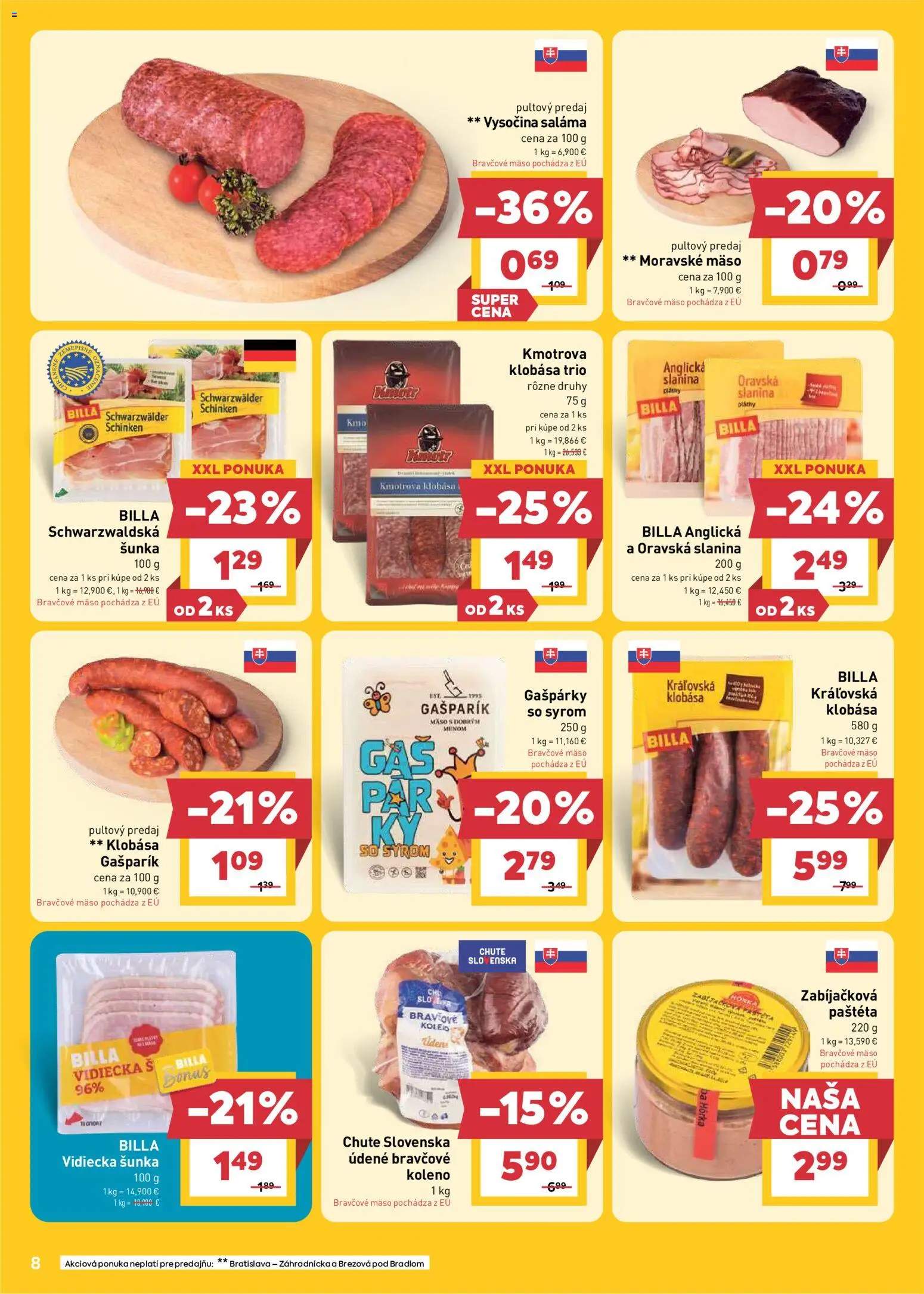 Nové Billa akcie – leták je platný od 27.05.2026 | Strana: 8 | Produkty: Saláma, Šunka, Slanina, Bravčové mäso